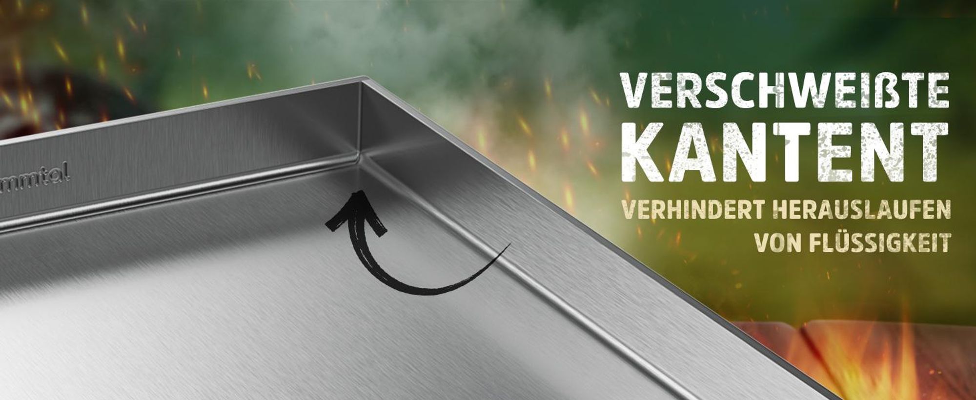 Flammtal [Das Original] – Grillplatte aus 4mm rostfreiem Edelstahl [40 x 30cm] – Plancha Grillplatte mit Grillspachtel Set & Burgerpapier (offen)