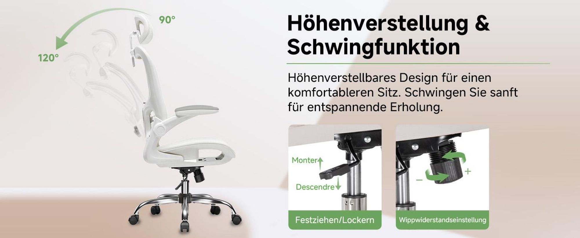 COMHOMA Bürostuhl Ergonomisch, Schreibtischstuhl mit Verstellbarer Kopfstütze, Armlehnen, Lendenwirbelstütze, Wippfunktion, Chefsessel aus Mesh, 150kg