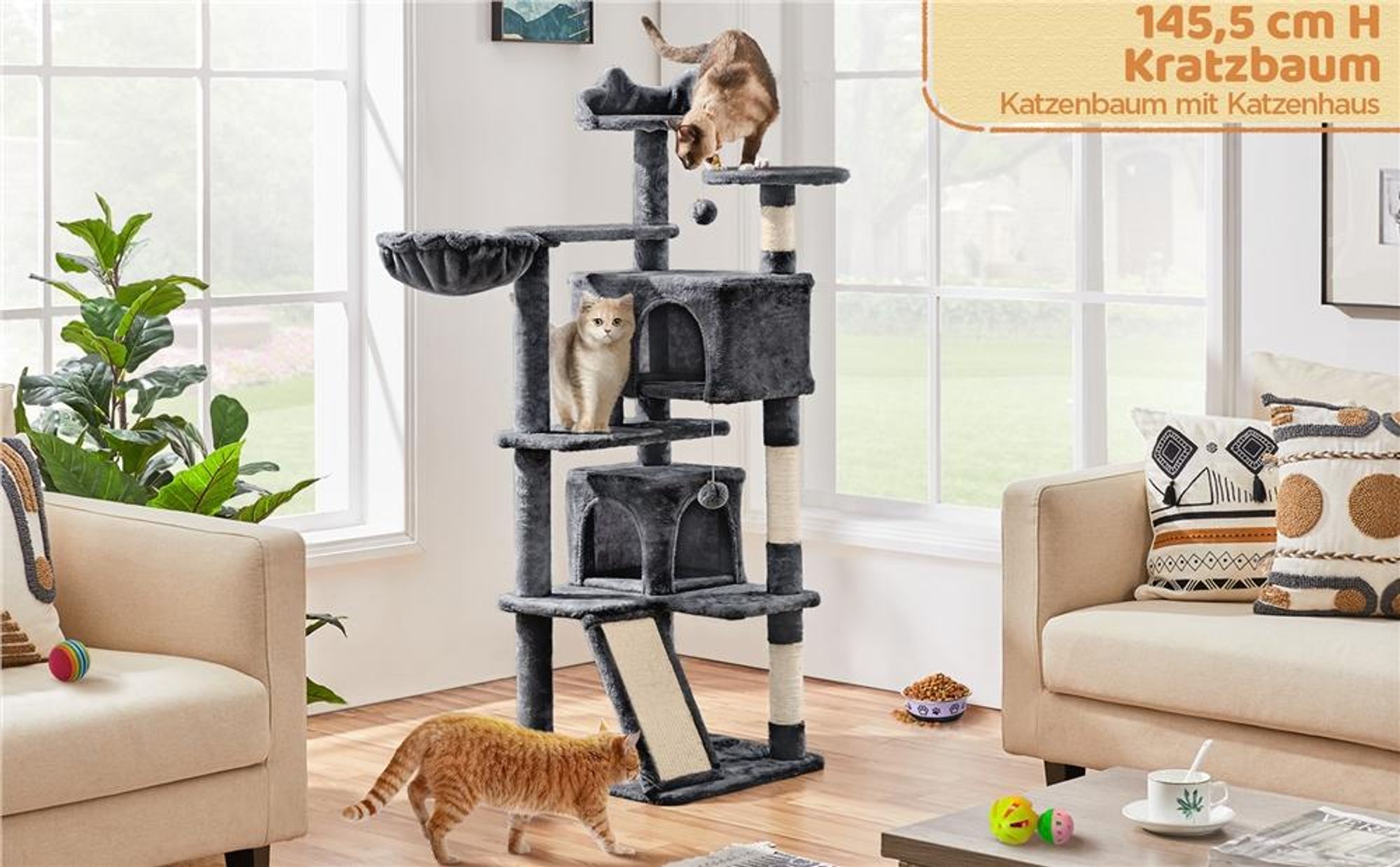 Yaheetech Kratzbaum 146 cm Katzenbaum mit 2 Katzenhöhlen & 3 Aussichtsplattformen, Schwarz