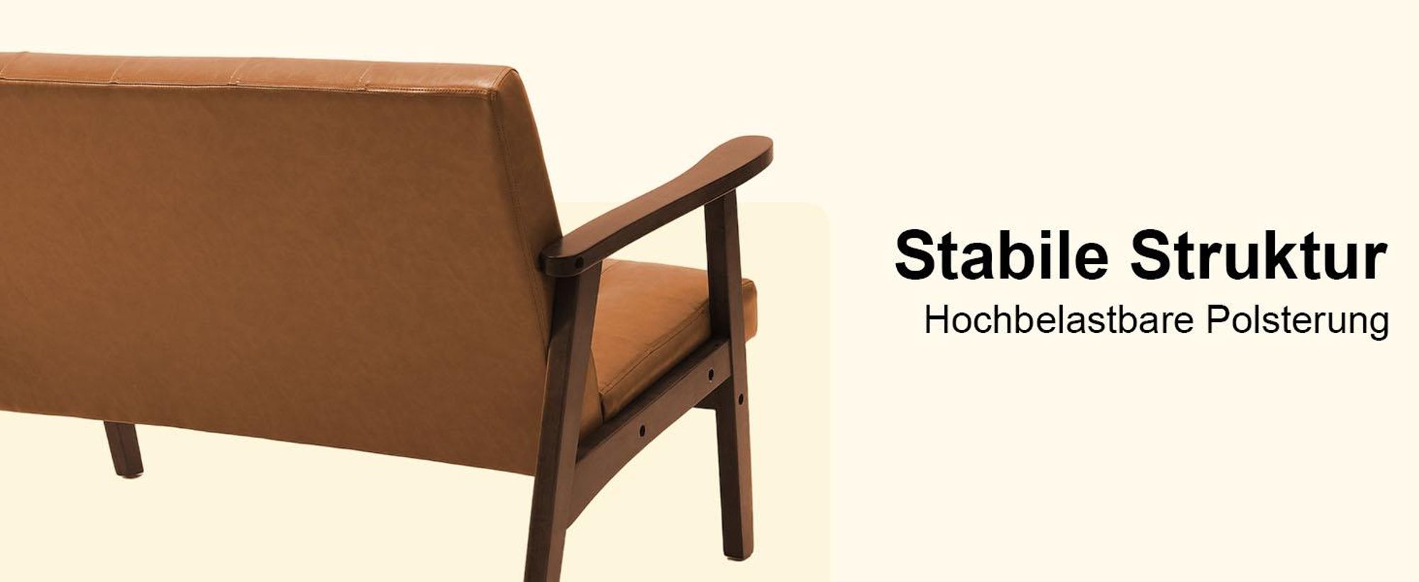 2-Sitzer skandinavisches Sofa aus Kunstleder, Armlehnen, Massivholzrahmen, für Wohn-/Schlafzimmer/Büro, Traglast 240 kg, 124x74x75 cm, Karamell