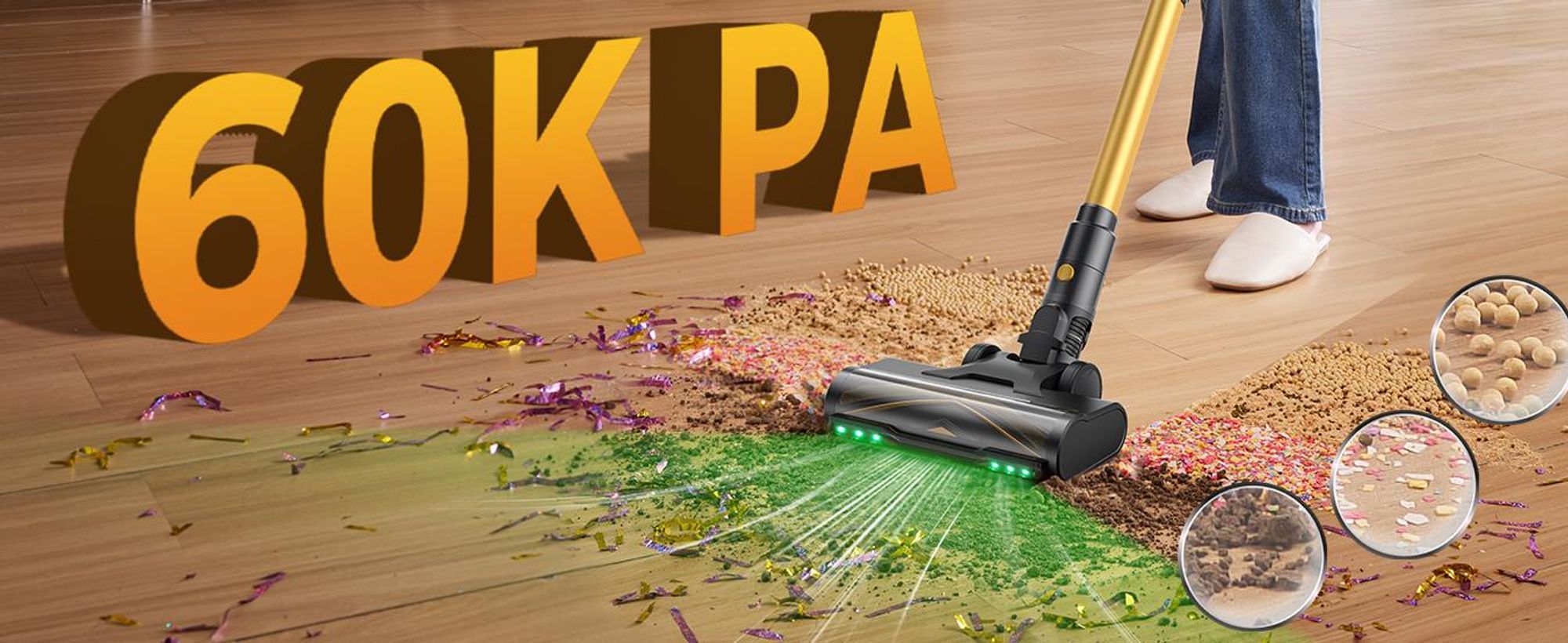 PROSCENIC Handstaubsauger, leistungsstarker Staubsauger mit 60 kPa, 580W, 70 Min, Grüne LED-Scheinwerfer, 1,5L Staubbehälter, Leichtes Rauschen
