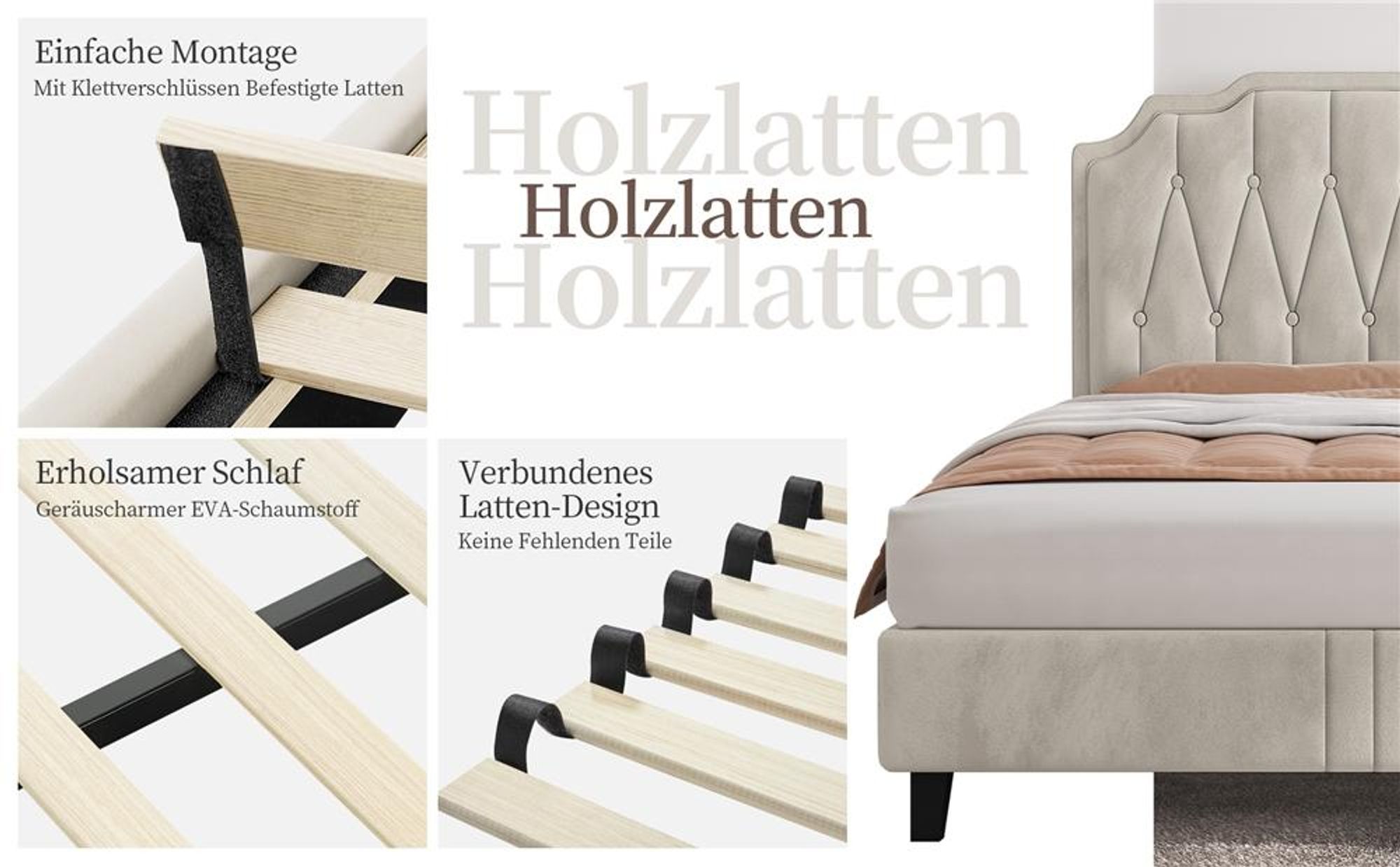 Yaheetech Polsterbett mit höhenverstellbarem Kopfteil Doppelbett 160×200cm Stoffbett Jugendbett Gepolstertes Bett Bettrahmen mit Lattenrost Beige