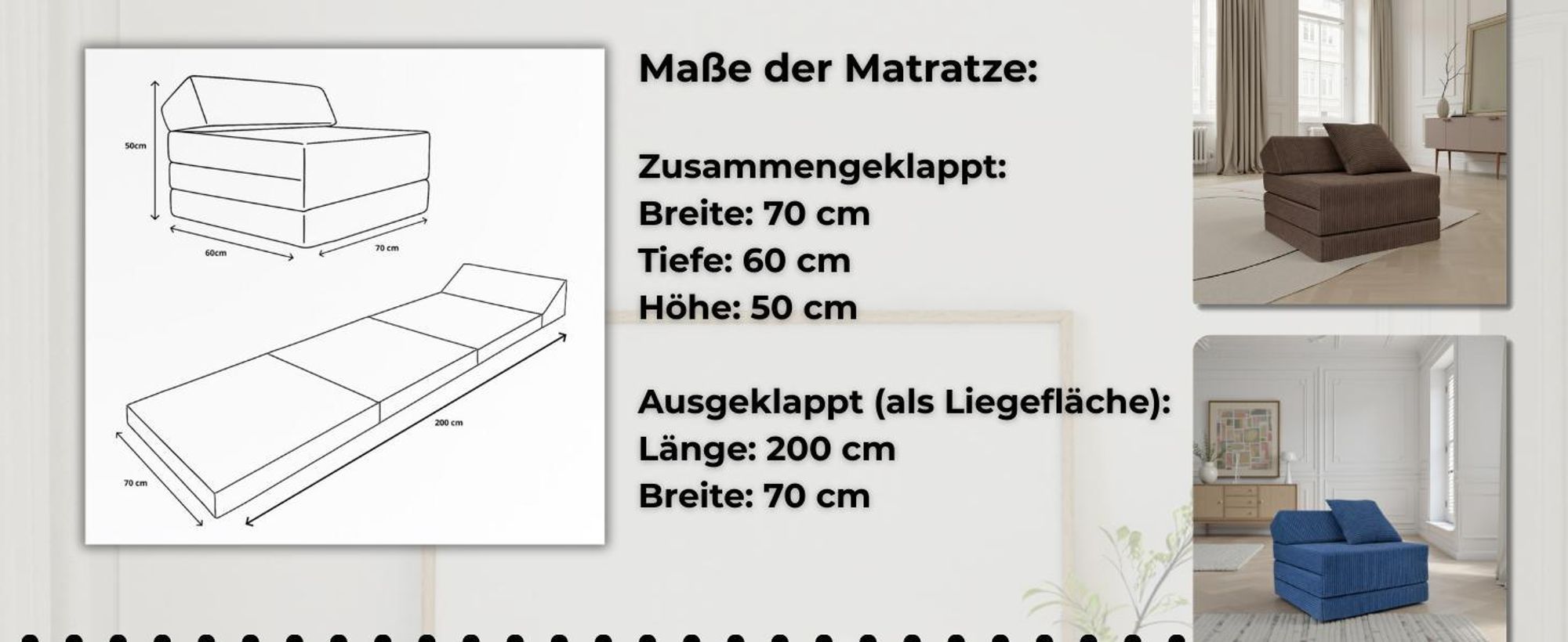 Klappmatratze mit Kopfteil aus Cord Klappbar, Bezug waschbar, mit Kissen