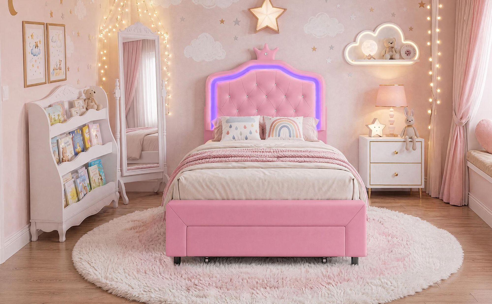 INONEFT Kinderbett 90x200 cm, Prinzessin-Polsterbett mit LED-Beleuchtung und Stauraum, Mädchen-Einzelbetten Bettgestell, ohne Matratze, PolyurethanRosa
