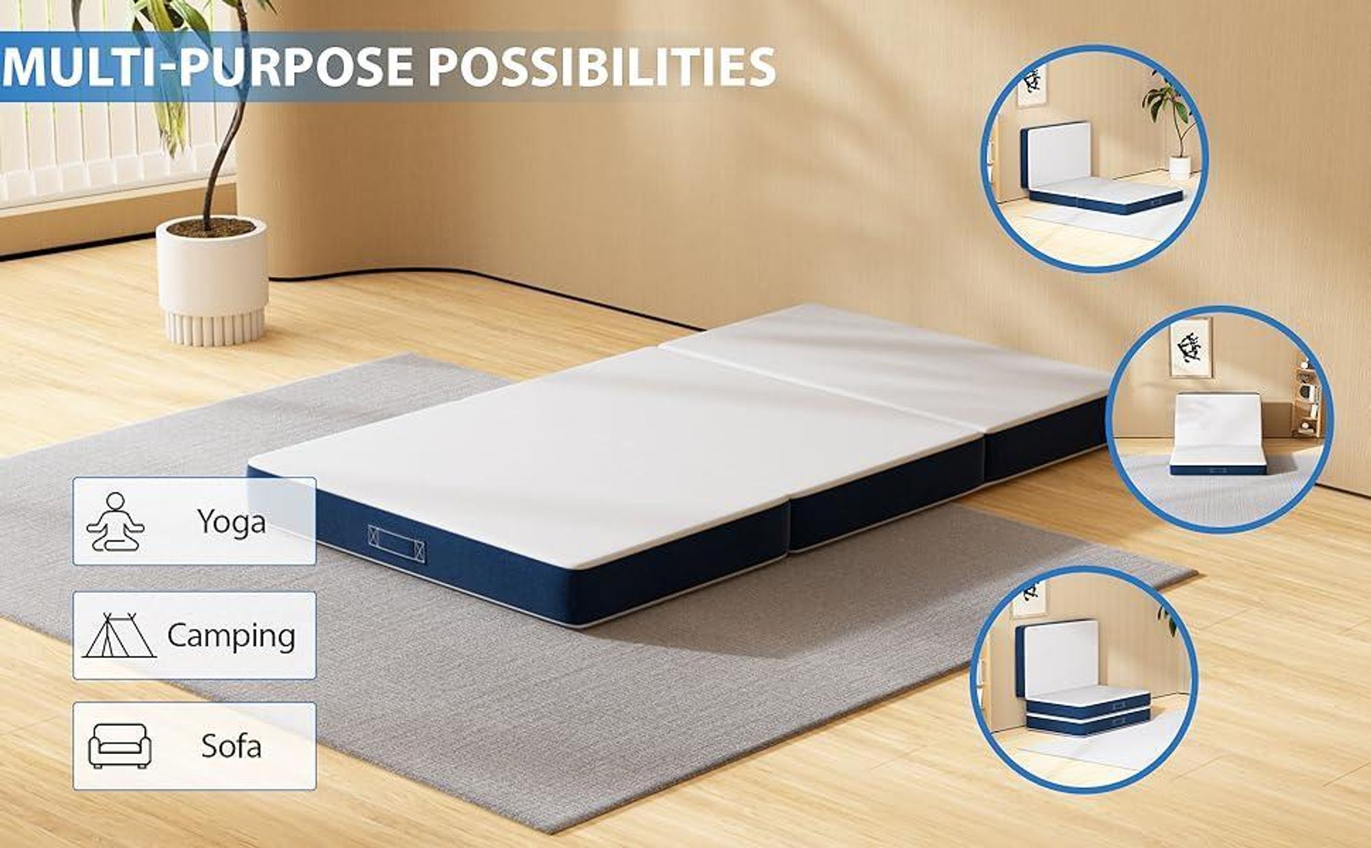 DEWINNER Matelas Pliant Triple, Matelas d'invité Polyvalent, 15cm Mousse épaisse, Housse Amovible et Lavable en Machine