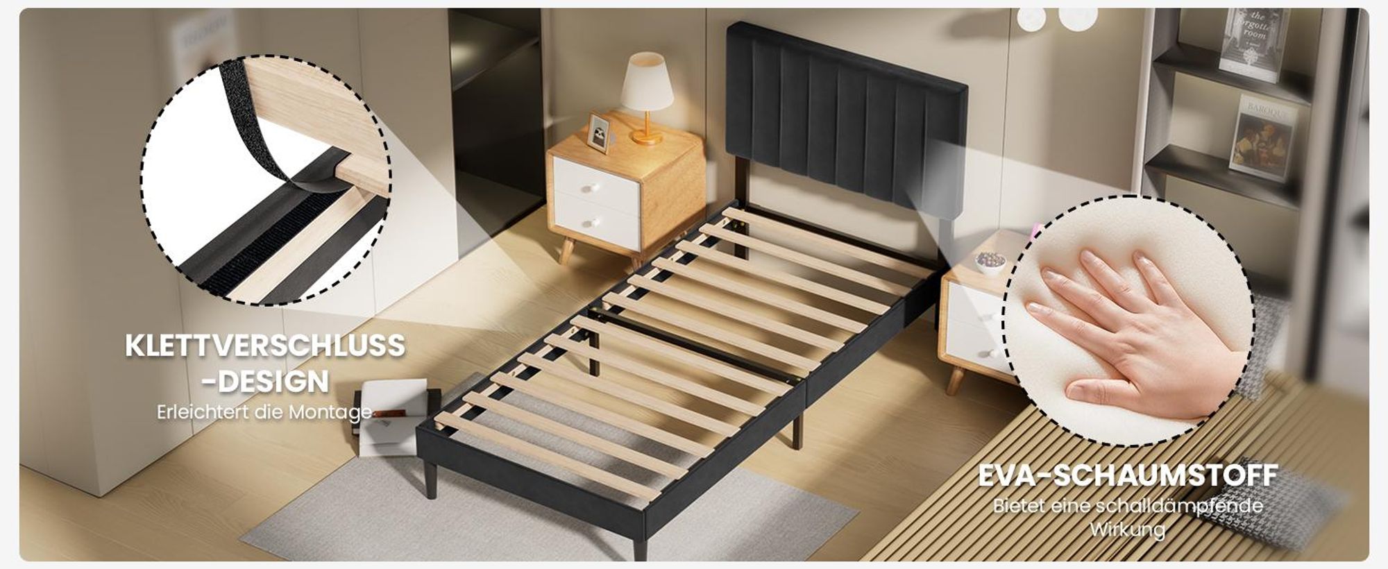 Polsterbett 90x200 cm, Bettgestell mit Höhenverstellbarem Kopfteil und Lattenrost, Stabiler Bettrahmen, Bis 300 kg, Gepolstertes Bett, Schwarz