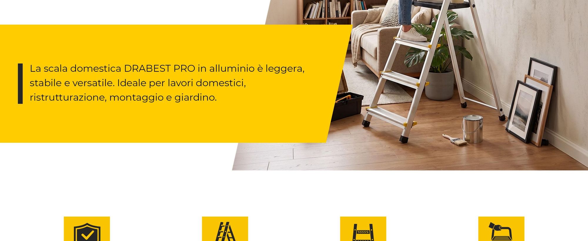 Drabest | Pioli Scala domestica a 4 pioli (150 kg) + ripiano, lunghezza di lavoro 2,75 m