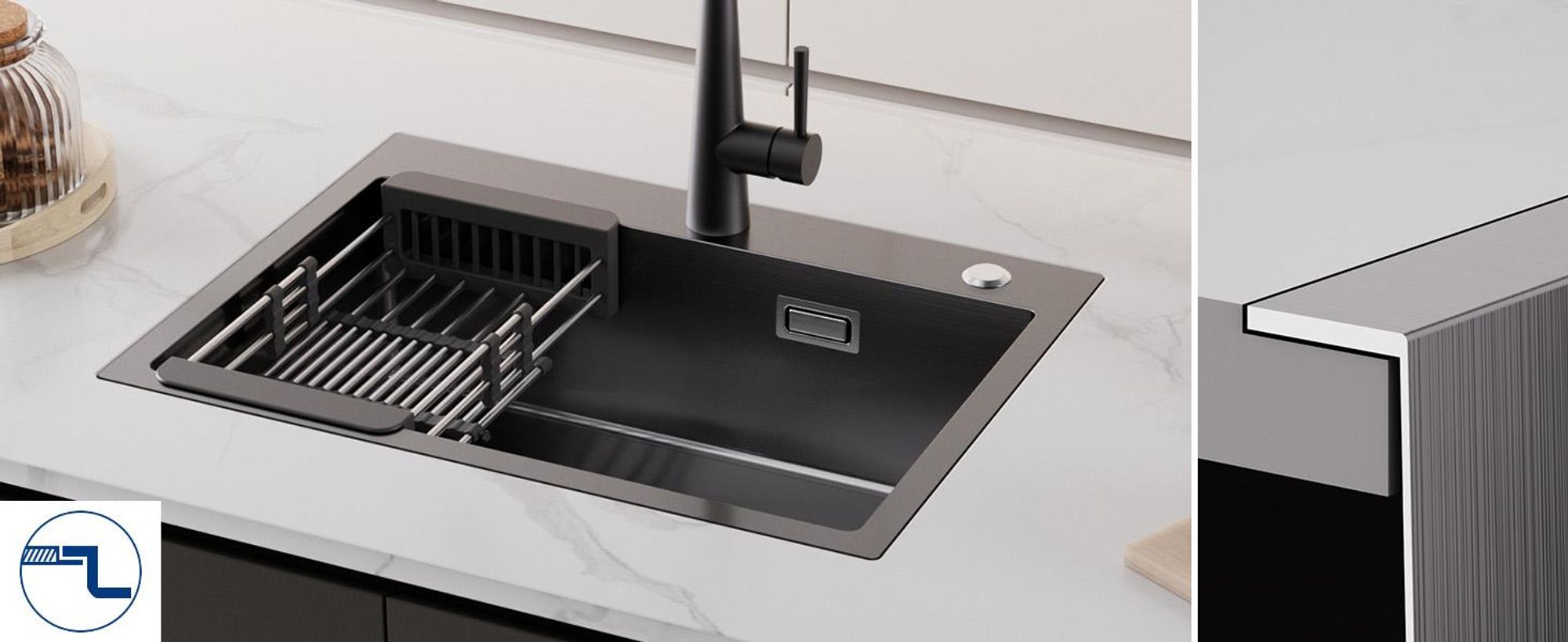 Cecipa MAX Edelstahlspüle 60x45 cm schwarz, Küchenspüle Einbauspüle mit Abtropfkorb, robust, pflegeleicht, für 60er Unterschrank, Modernes Design