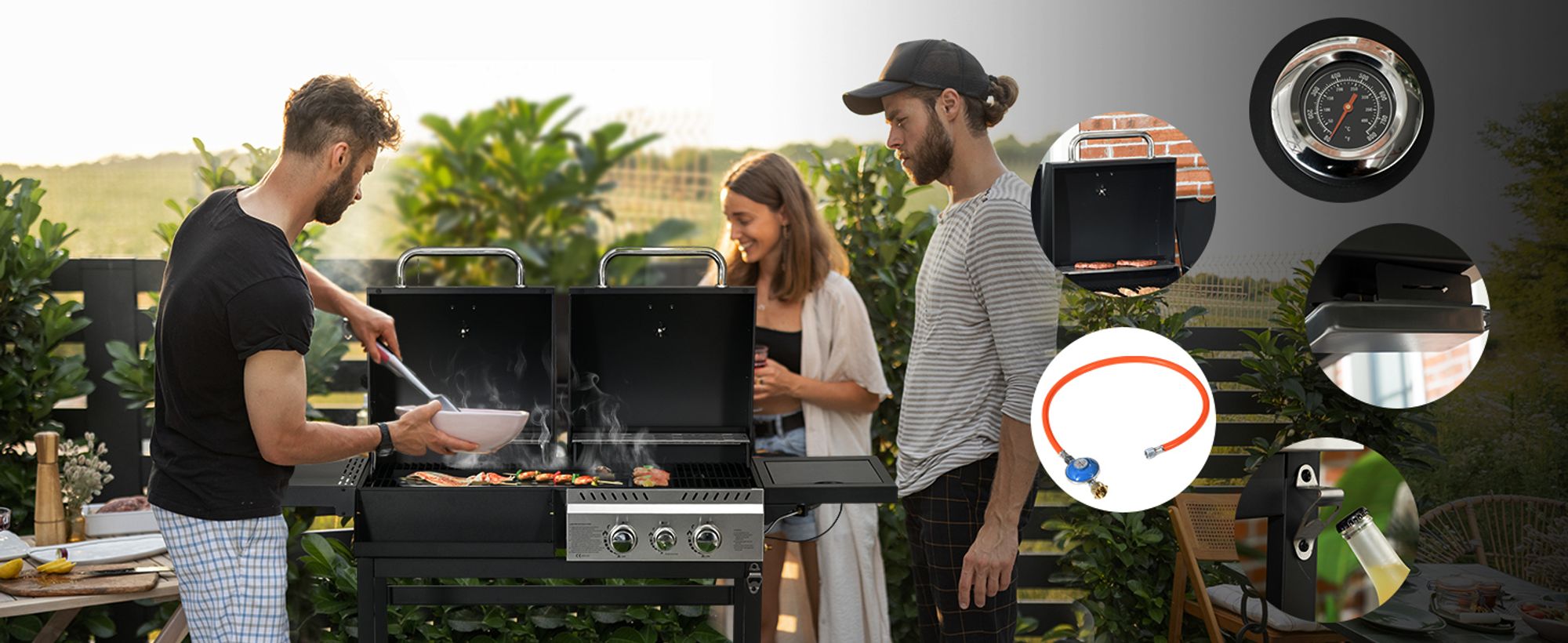 Outsunny Holzkohlgrill Gasgrill mit 2+1 Brenner, Thermometer, Haken, Schwarz