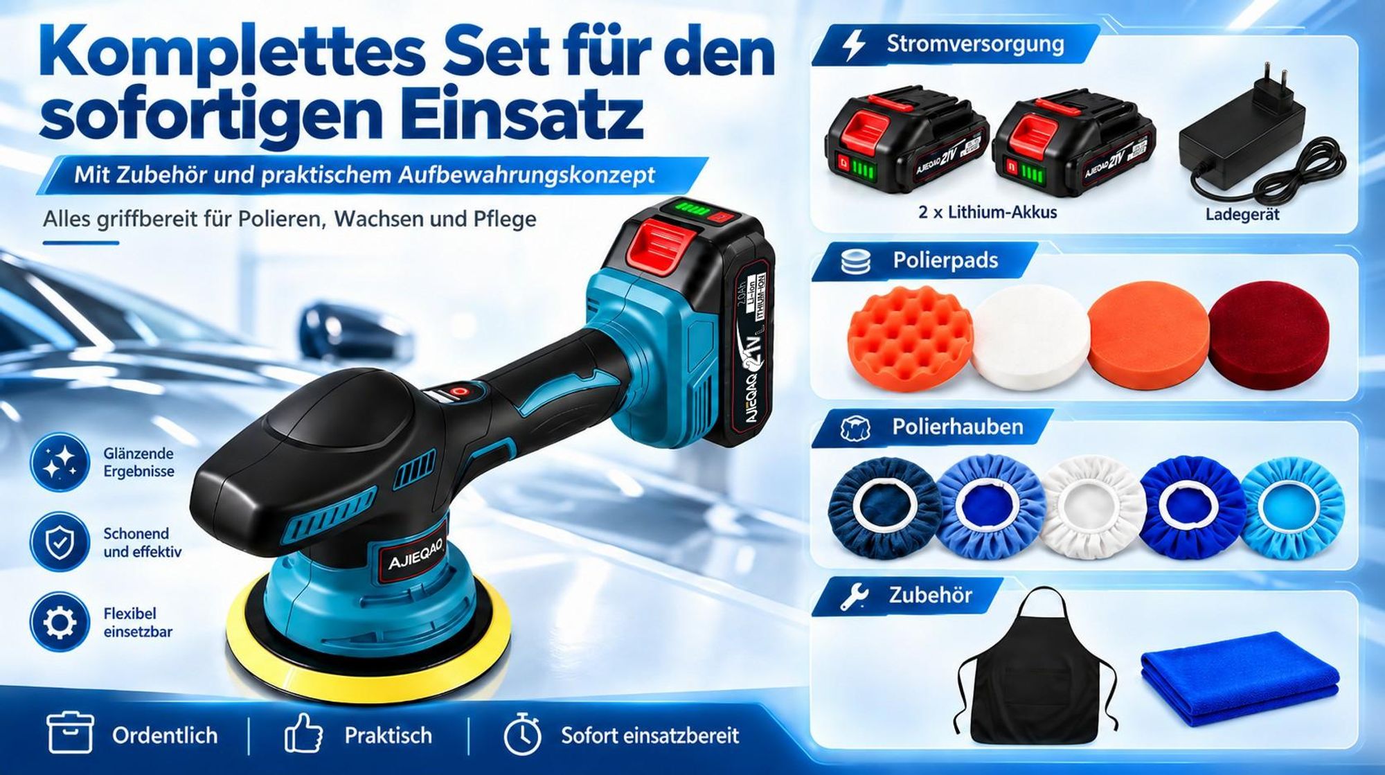 Akku-Poliermaschine 21V MAX, Exzenter-Poliermaschine 150 mm, 9 Stufen, 2500–7800 U/min, 2×2,0Ah Akkus, Soft Start