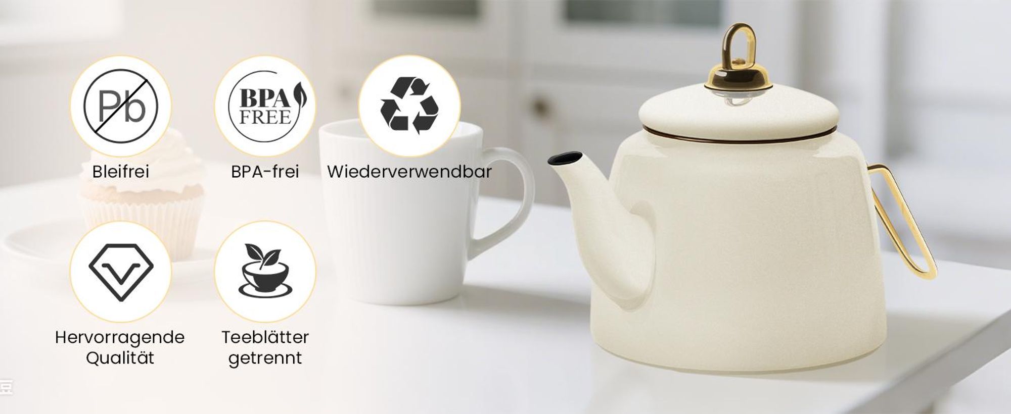 Homelux Teekanne Set, Wasserkessel Induktion Teekocher aus Emaille, Induktionsgeeignet, 2L+1L, Türkische teekanne, Caydanlik,Weiß