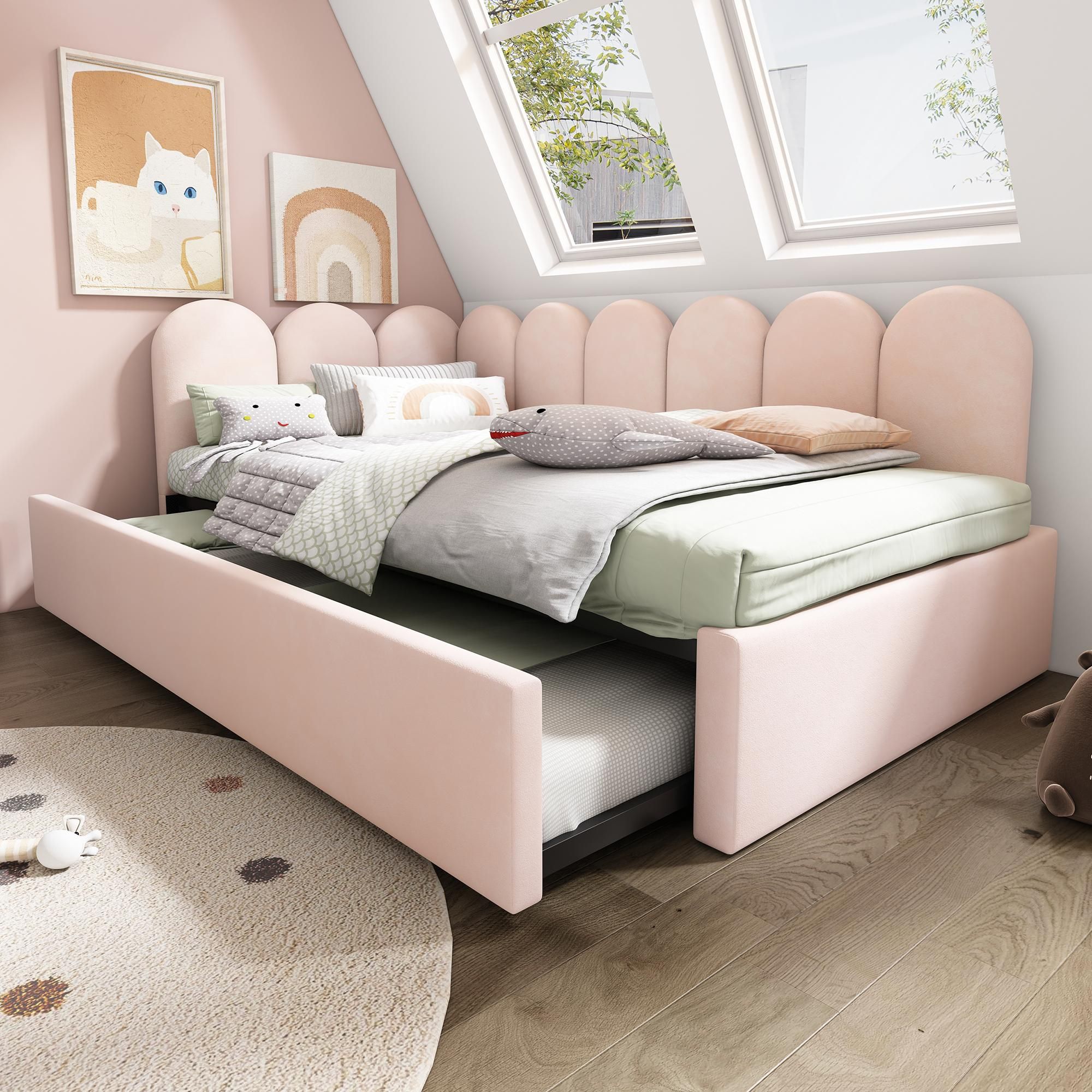 Merax Polsterbett 90x200 cm mit Ausziehbett, Tagesbett Kinderbett mit Samtbezug & Gitterdesign – Inkl. Rollbett (90x190 cm), ohne Matratze, Rosa