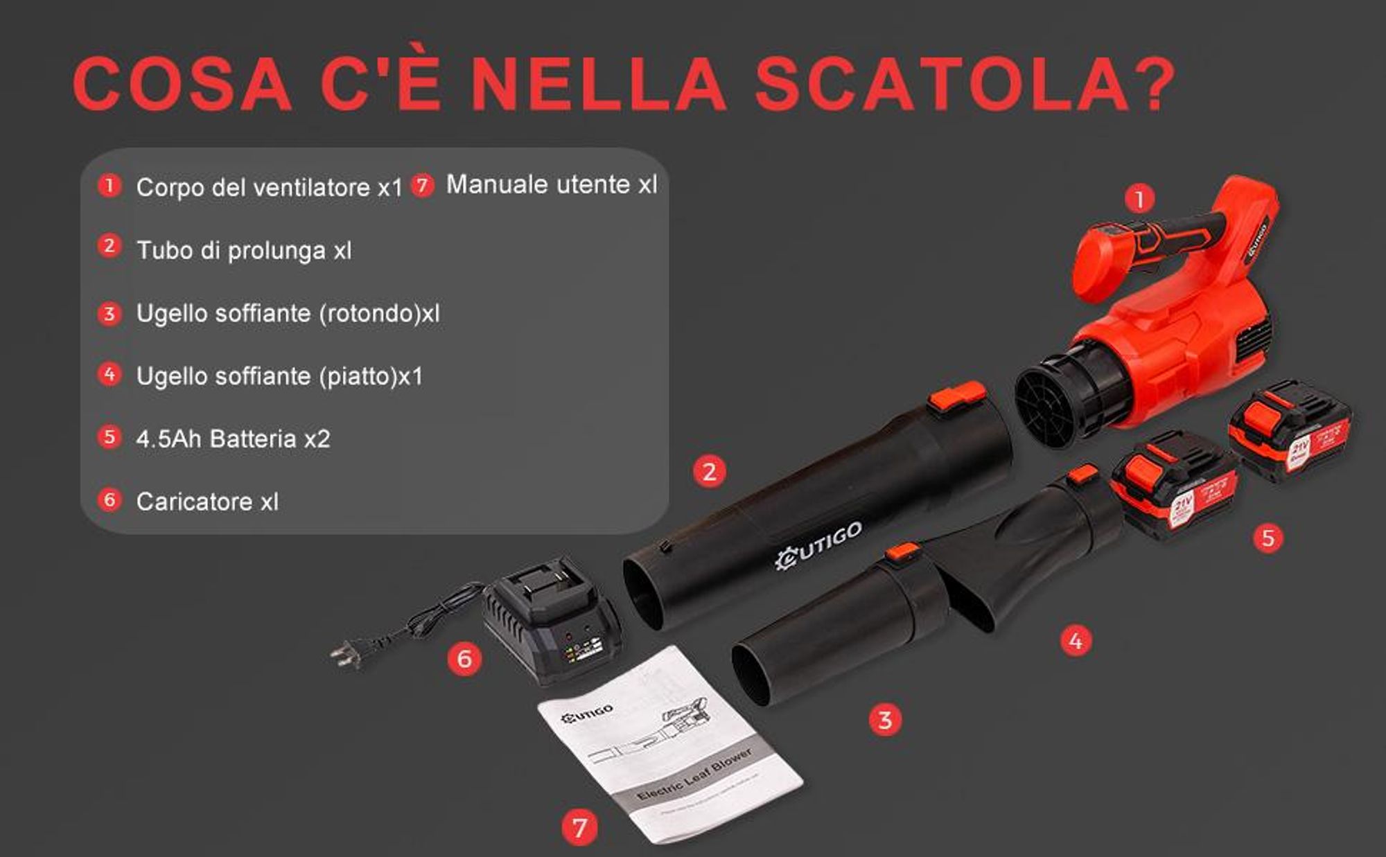 Soffiatore a batteria 001 (batteria 2*21v 4.5Ah, batteria e caricatore), per la cura del prato, la rimozione di foglie/fango/neve/polvere dell'auto