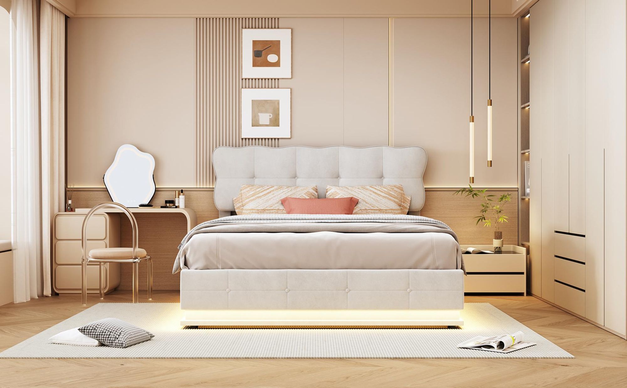 INONEFT Bett 160x200 mit Stauraum, Polsterbett Doppelbett mit LED Beleuchtung, Hydraulisch Stauraumbett, Jugendbett, Samt, Beige