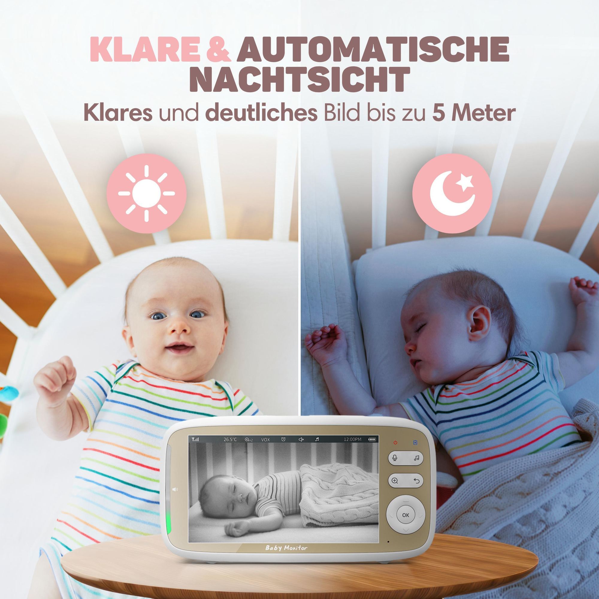 Vulpes Goods Babyphone mit Kamera, Babyphone mit Geräuscherkennung, 5" FULL HD Bildschirm, Ferngesteuert, Infrarot-Nachtsichtkamera