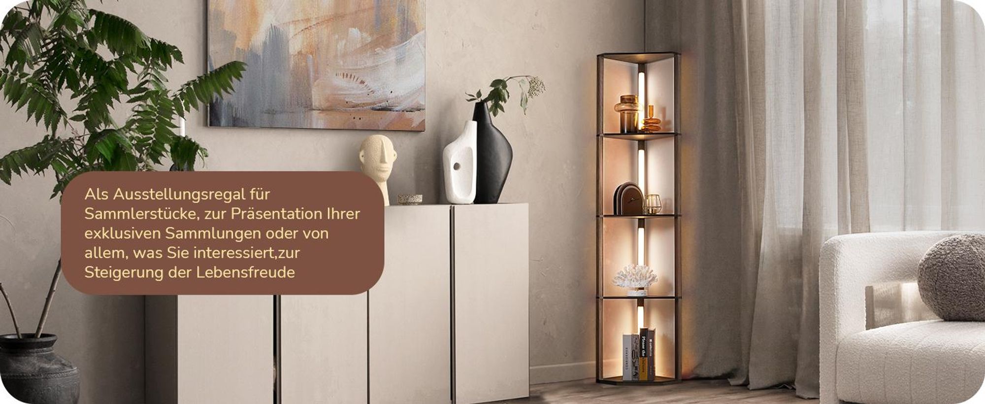 EDISHINE Stehlampe Wohnzimmer mit 4 Holz-Regal, LED Dimmbar Stehlampe mit 360° Drehbarer Lichtmast