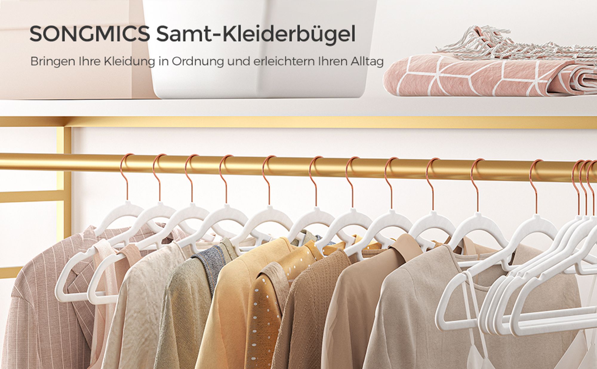 SONGMICS Kleiderbügel Samt, 30er Set, Bügel, rutschfest, kleine Stange für Krawatten, 360° drehbarer Haken, 0,6 cm dick, platzsparend, 43,5 cm lang