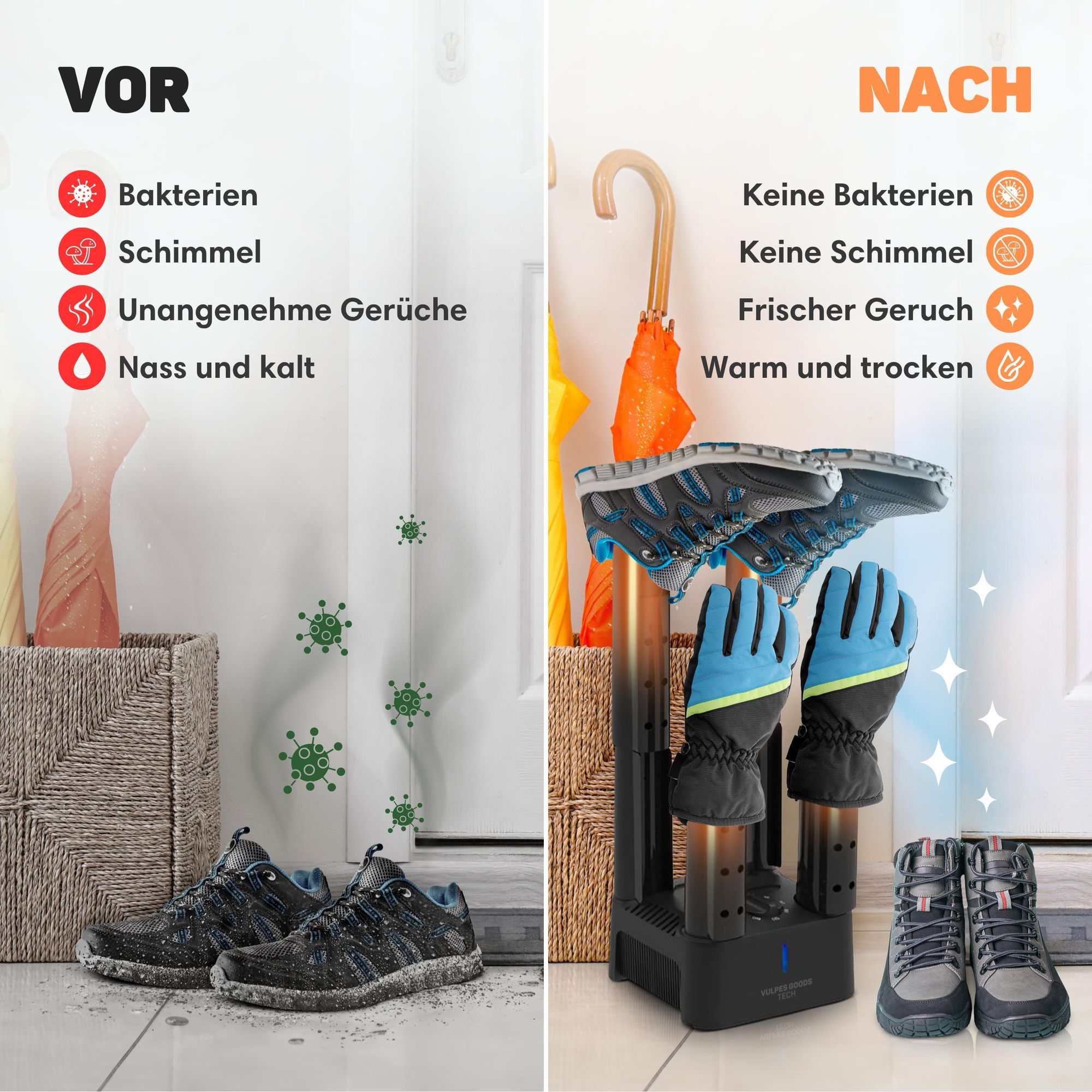 Vulpes Goods Schuhtrockner, Schuherfrischer, Timer, Ozon & Trocknungsfunktion, Geruchsentferner, Fußwärmer, Schuherfrischer, Inkl. 10 Schuhauffrischer