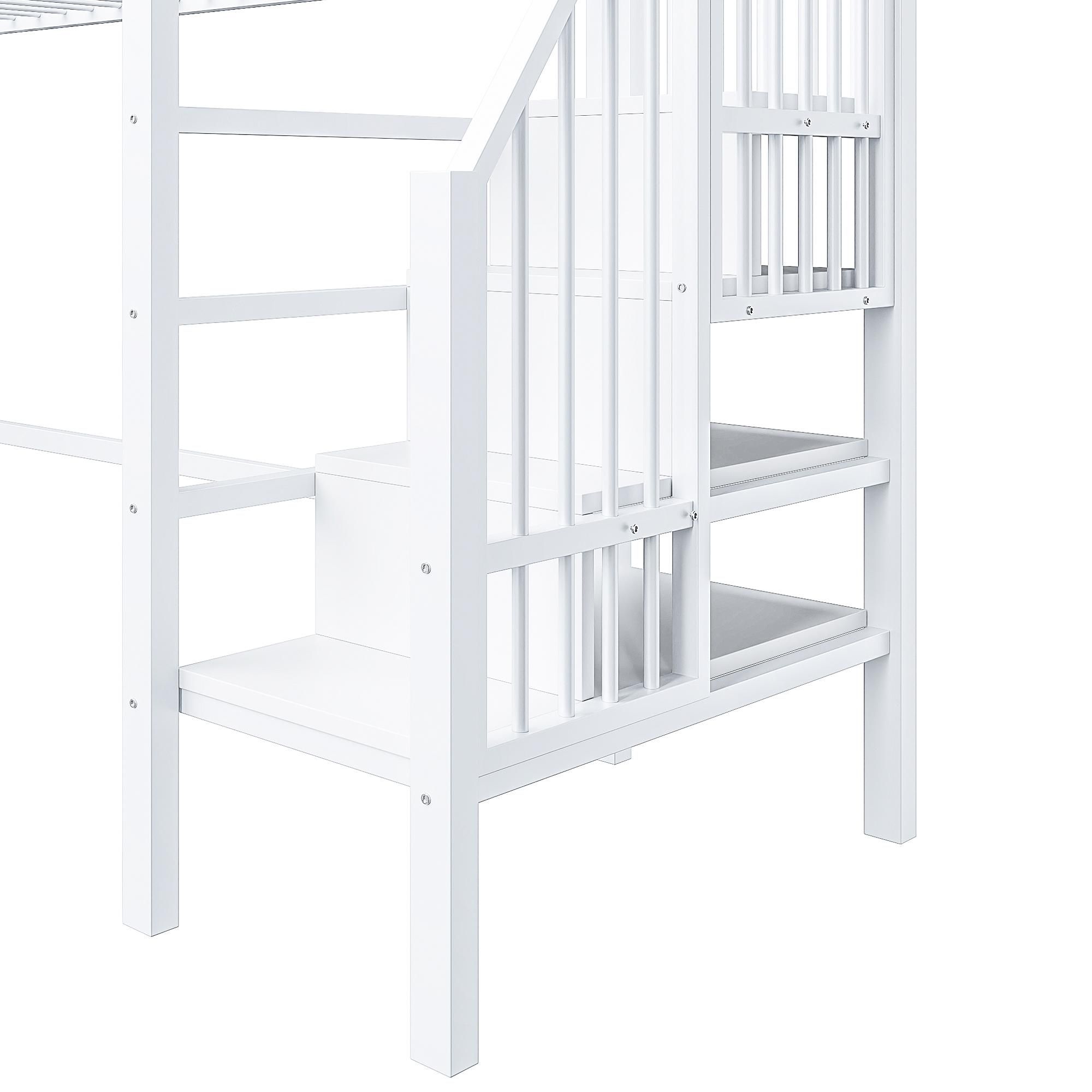 Merax Etagenbett Hochbett 90×200cm, mit Regalen, Stauraumleiter, sicherem Geländer, Eisenbett, Stockbett, Kinderbett, Jugendbett, Weiß