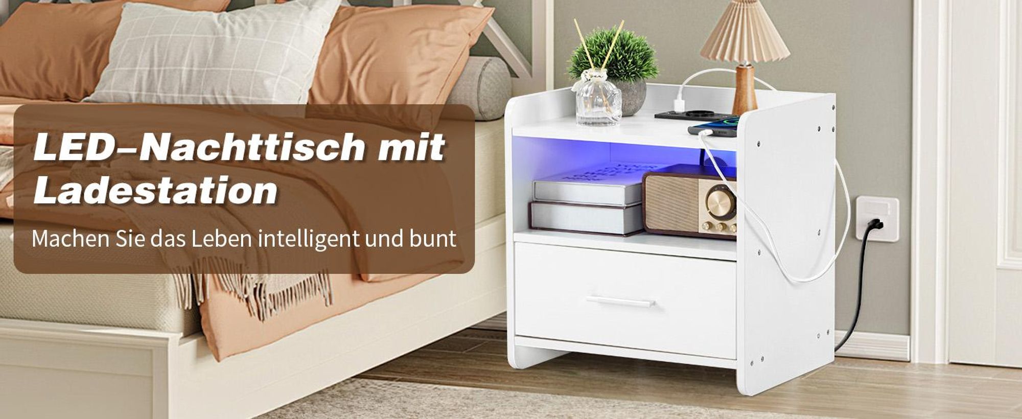 FCH Nachttisch Beistellschrank Nachtschrank mit LED-Beleuchtung,16 LED Farben mit Ladestation und USB-Anschlüssen, Weiß