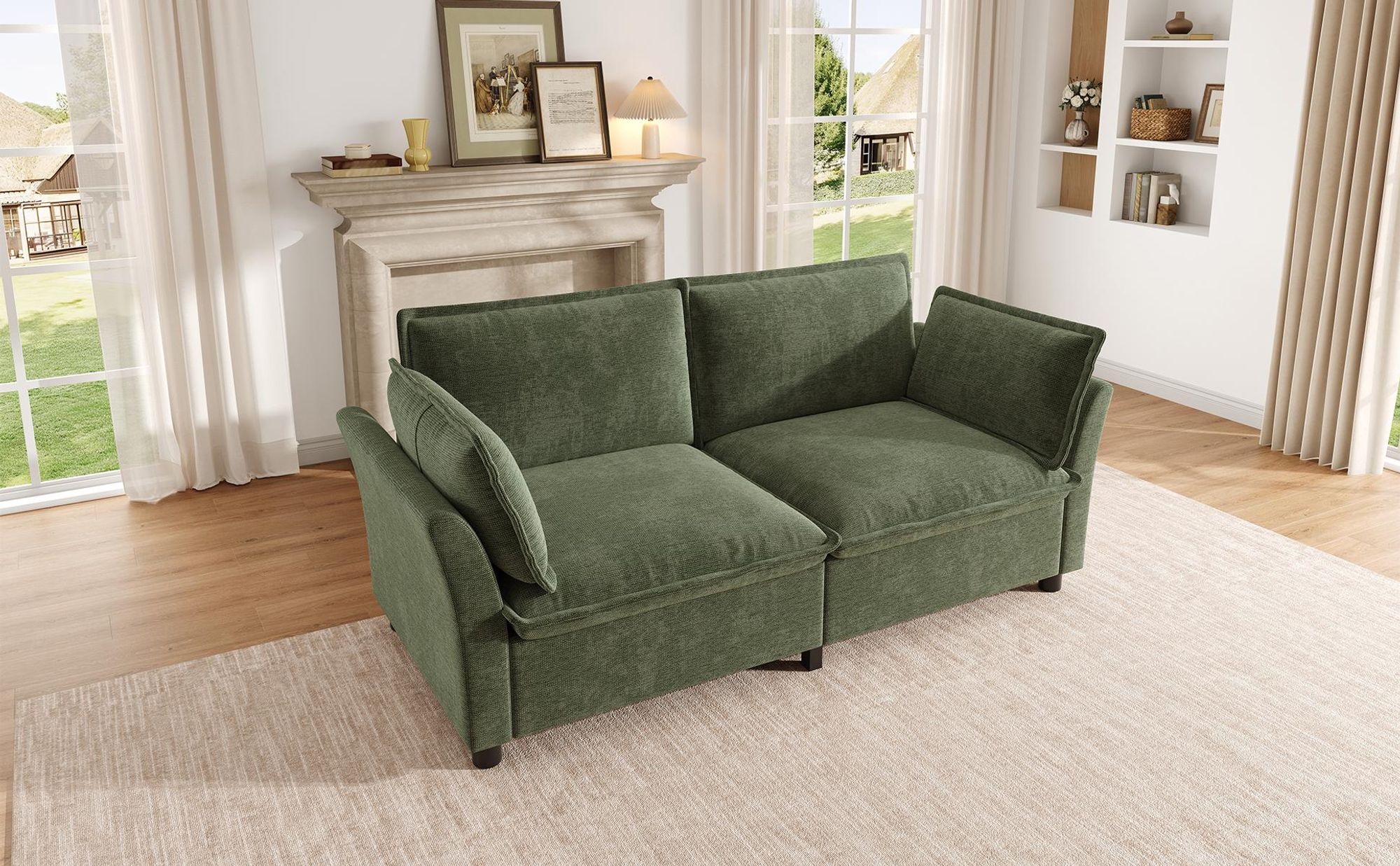 Merax 2-Sitzer Sofa modern, Loveseat mit Cloud Sitzkomfort, Chenille Sofa mit dicken Polstern & 2 Armlehnenkissen, kleines Wohnzimmer Sofa, Grün