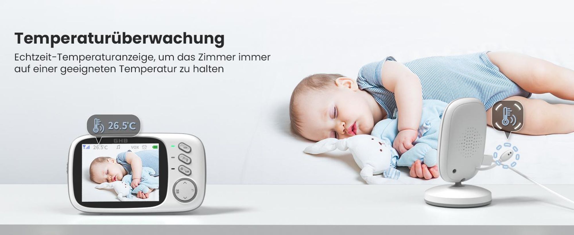 Babyphone mit Kamera 3,2 Zoll Babyphone mit Temperaturüberwachung, Zwei-Wege-Gegensprechanlage, Schlaflied, VOX