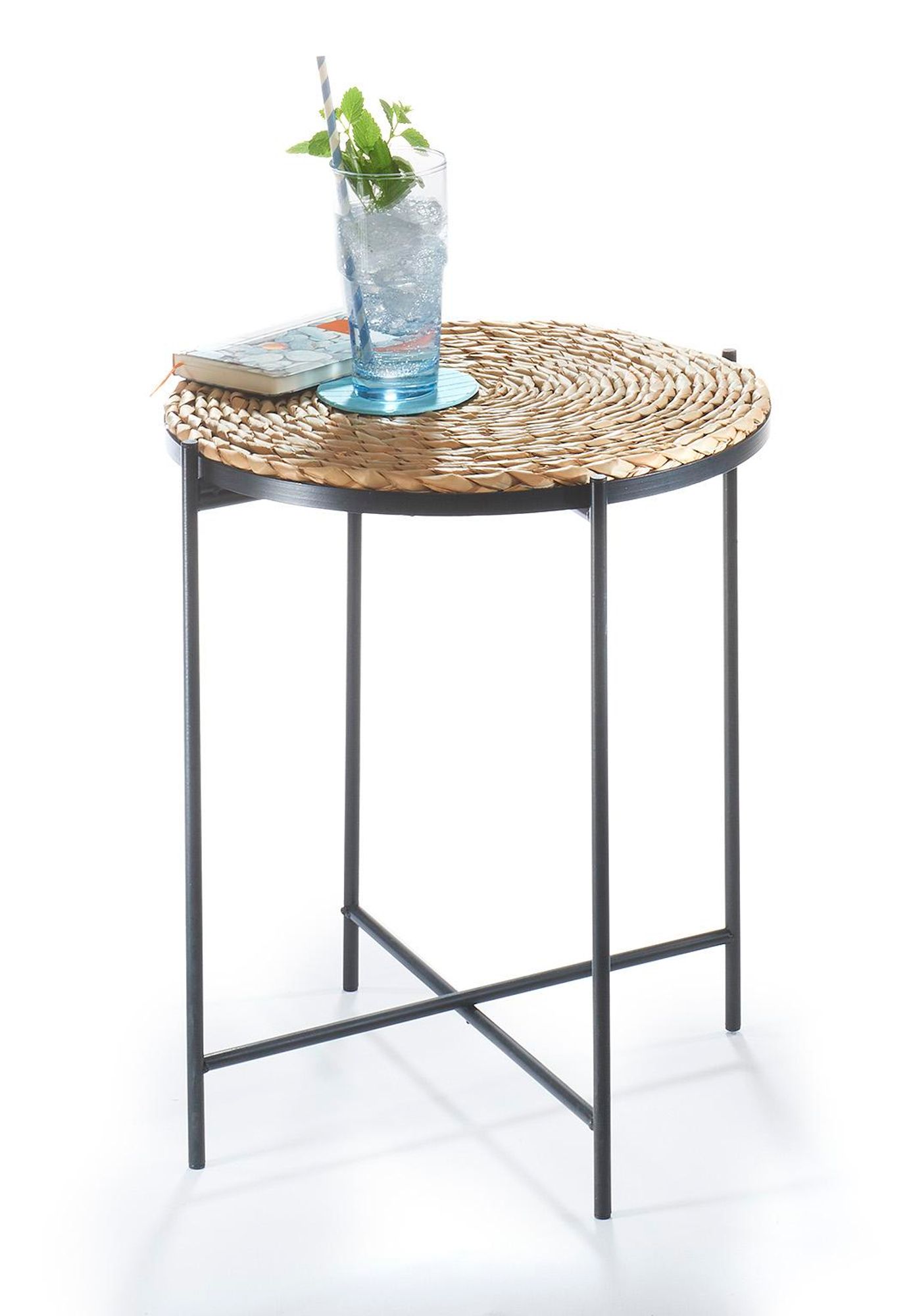 Kobolo Beistelltisch COFFEE abnehmbarer Tischplatte Seegras und Metall Tablett - 38x38x45cm rund beige Sofatisch Beistelltische Kaffeetisch Nachttisch