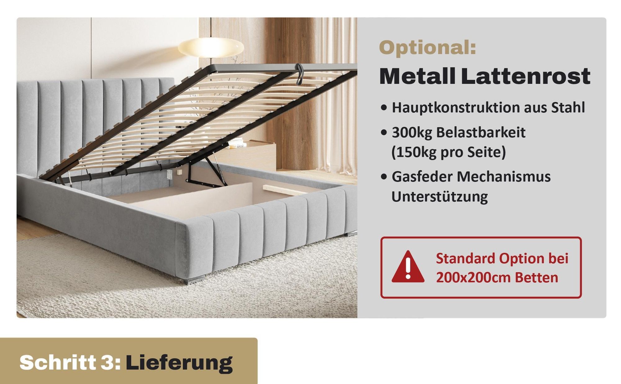 MOTIVENA Vigo Polsterbett 200x200 mit Bettkasten, Metall Lattenrost, Bett 200x200 Beige Samt (Jasmine 24)