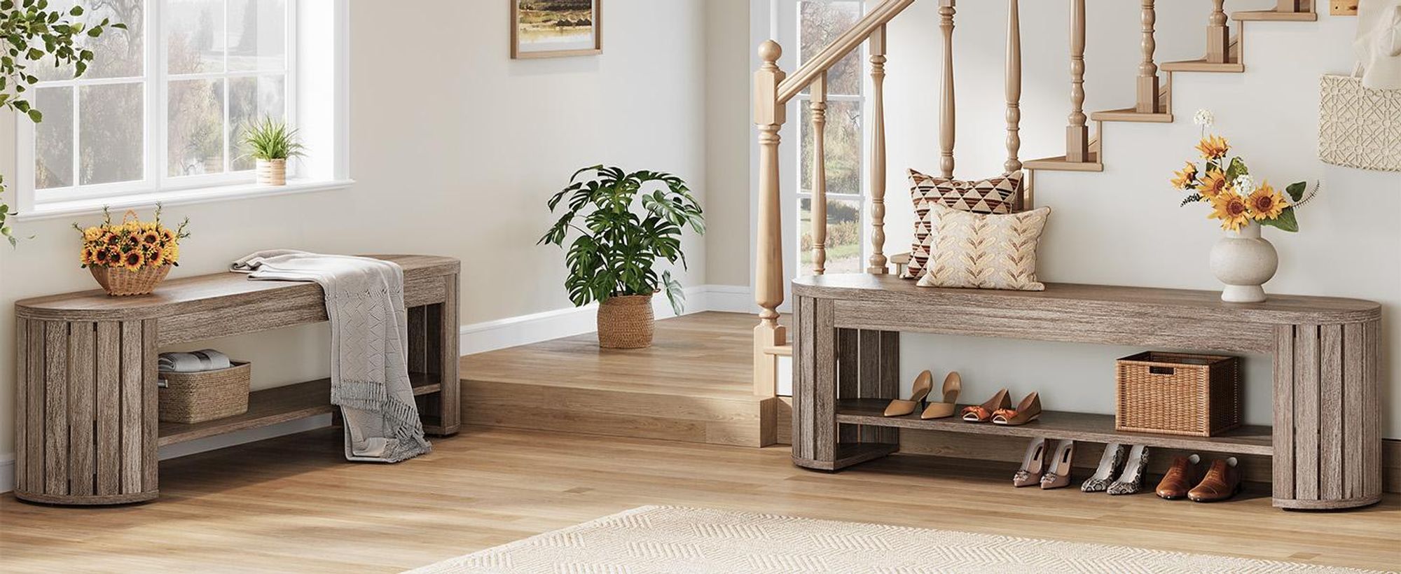 Tribesigns Schuhbank 160 cm, Sitzbank mit Schuhablage, Garderobenbank in Holz-Optik, Lange Bettbank mit Lamellen-Beinen, Flurbank 2-stufig, Beigegrau