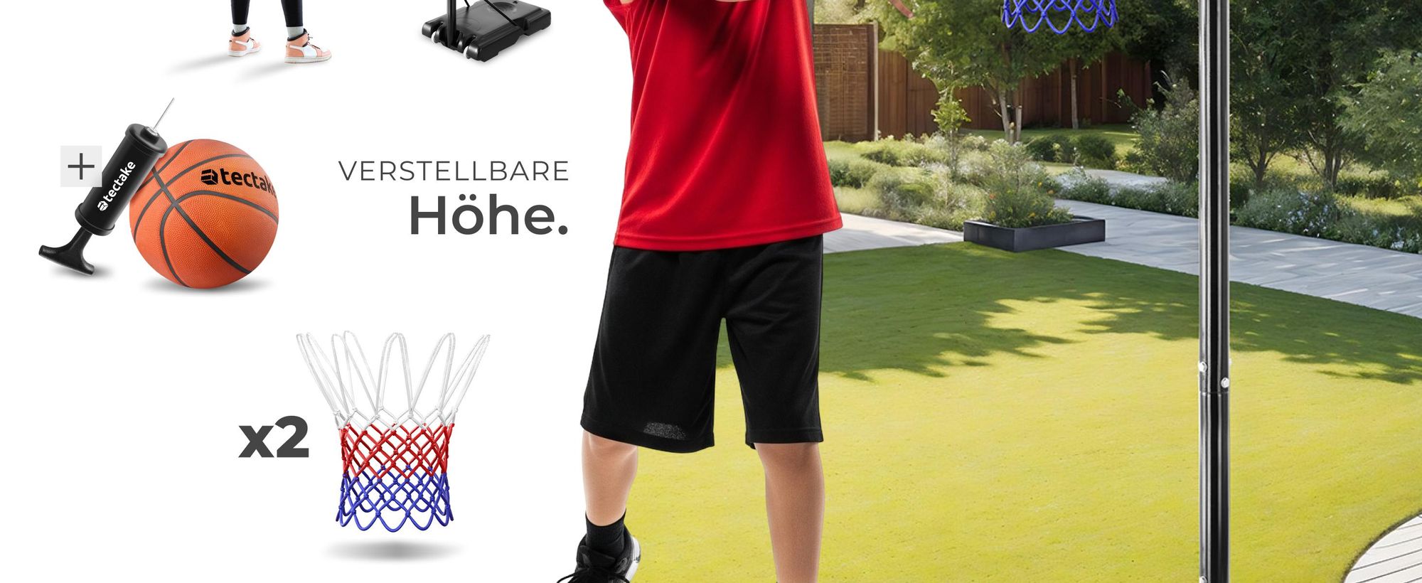 tectake® Basketballkorb Dirk Outdoor mit Rollen, inklusive Ball, Pumpe und 2 Netze
