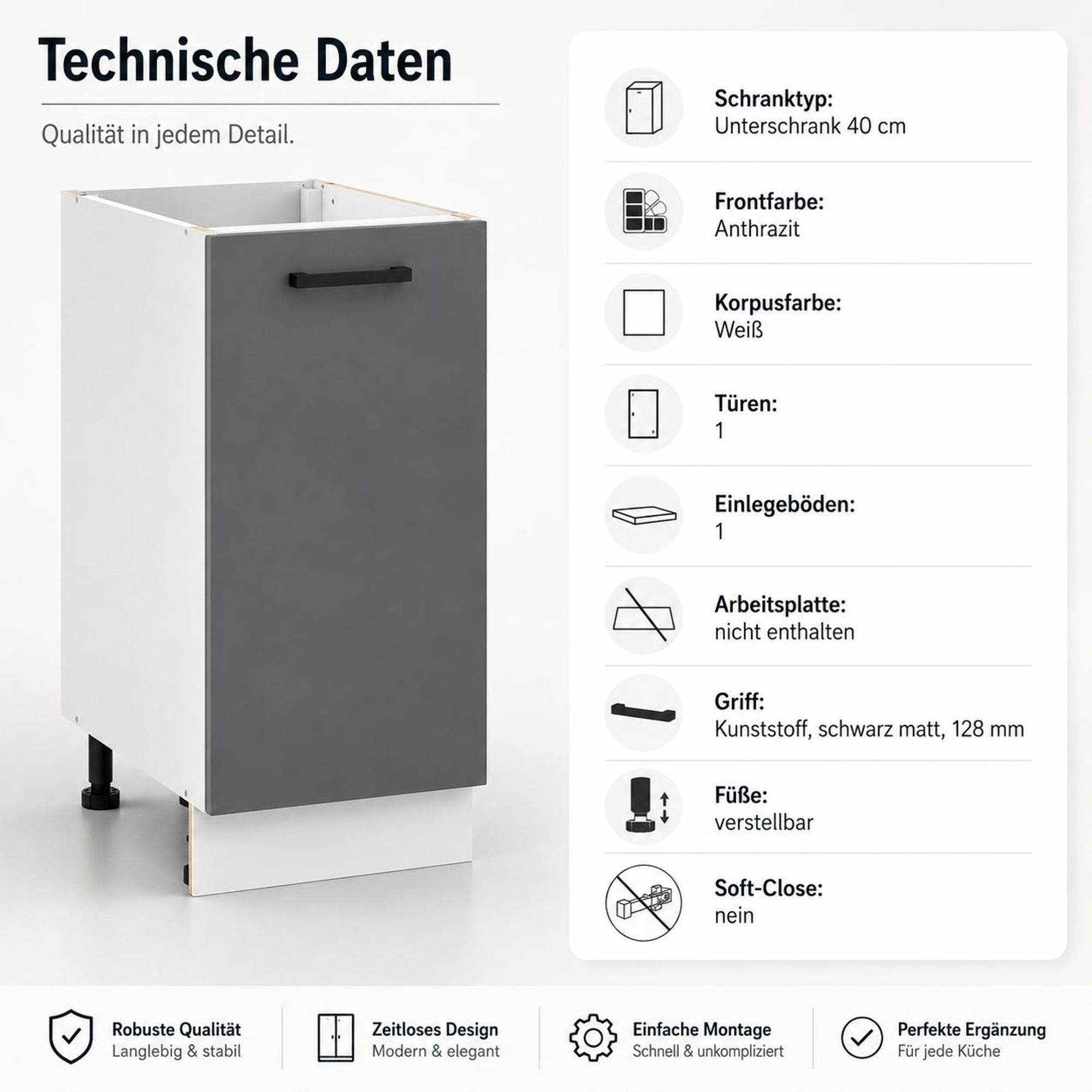 Küchenunterschrank Anthrazit: Details zu schwarzem Griff, Korpus & Einlegeboden