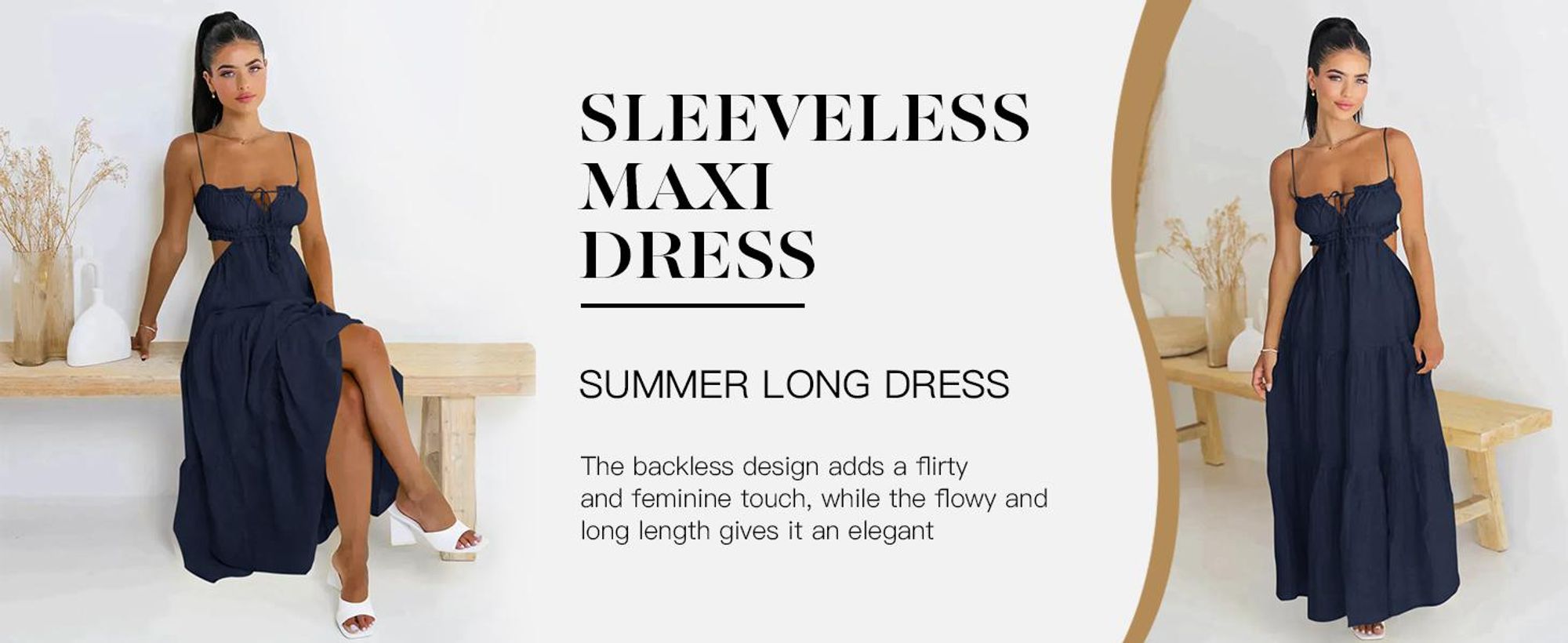 Damenkleid, langes, rückenfreies Kleid im Bohème-Stil mit Spaghettiträgern.