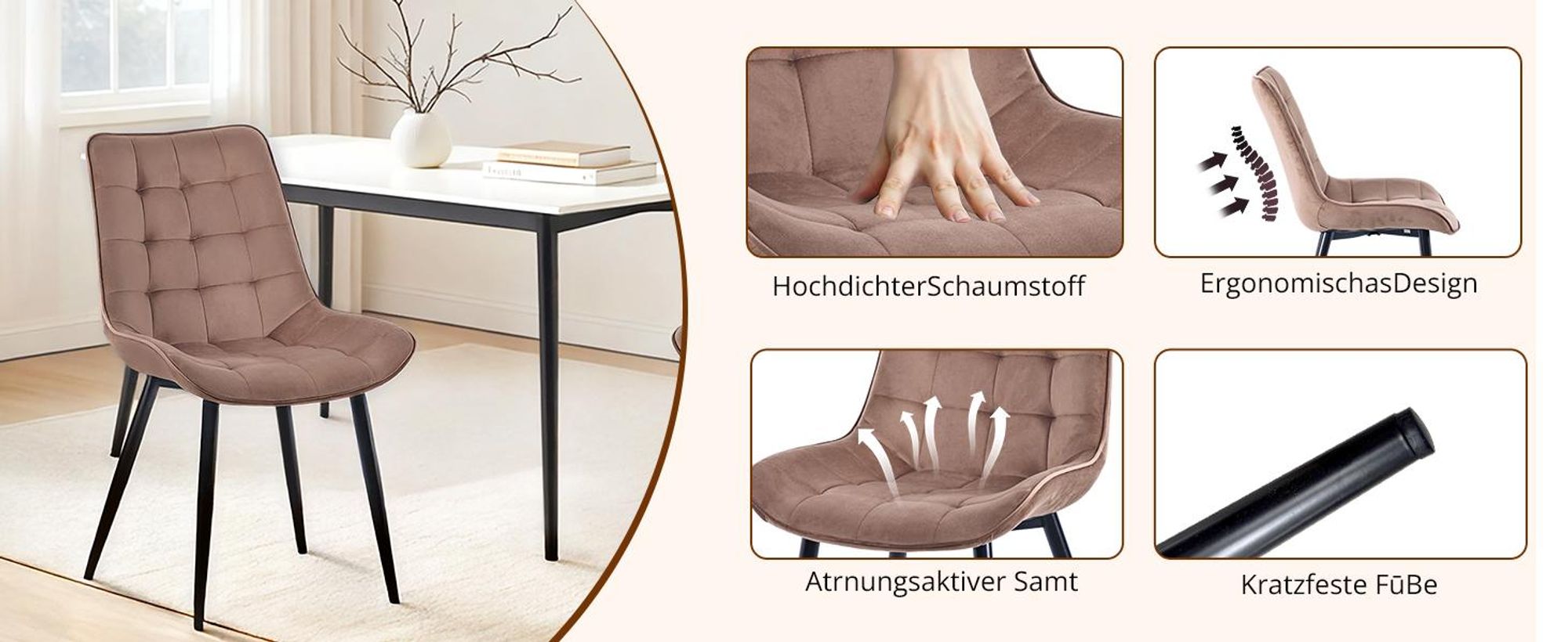 HOMAVO Esszimmerstuhl 2er-Set – Gepolsterte Stühle mit ergonomischer Rückenlehne, Metallbeinen und Samt- oder Baumwoll-Leinenbezug