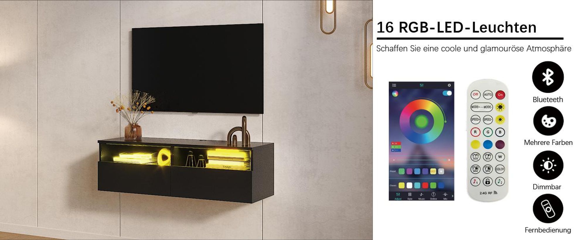 Radelldar Lowboard mit LED-Beleuchtung, TV-Schrank, hängend, grifflose TV-Board, 2 Schubladen mit Acryl, 100 cm, Schwarz
