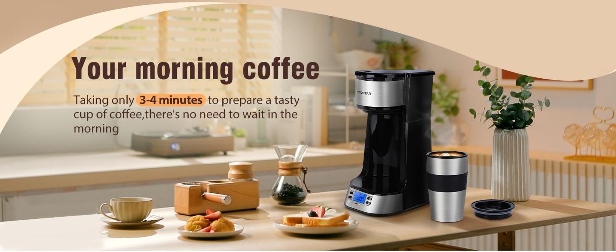 Aigostar - 420 ml Filterkaffeemaschine Mit 24h-Timer, Kaffeemaschine mit Thermobecher, , LCD-Anzeige