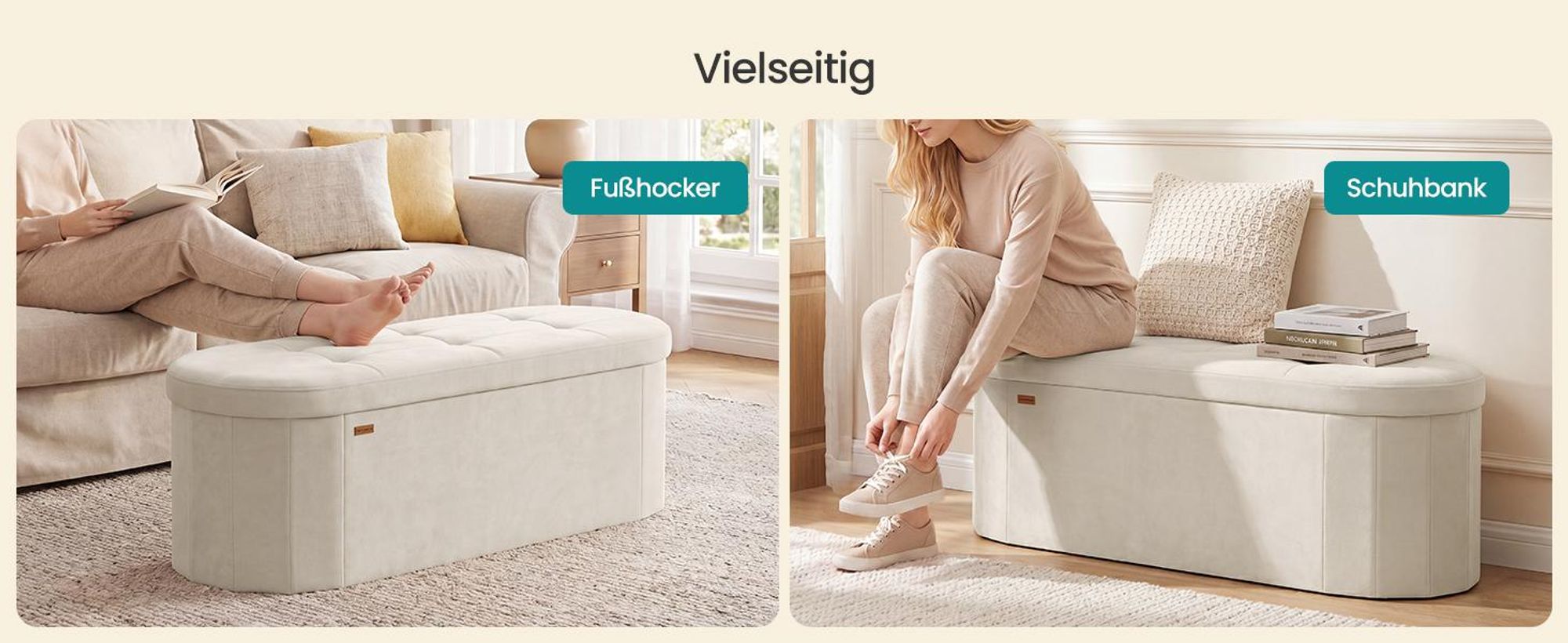 SONGMICS Sitzbank mit Stauraum, Aufbewahrungsbox, faltbare Fußbank, einfacher Aufbau, Samt, 110 L, weiß