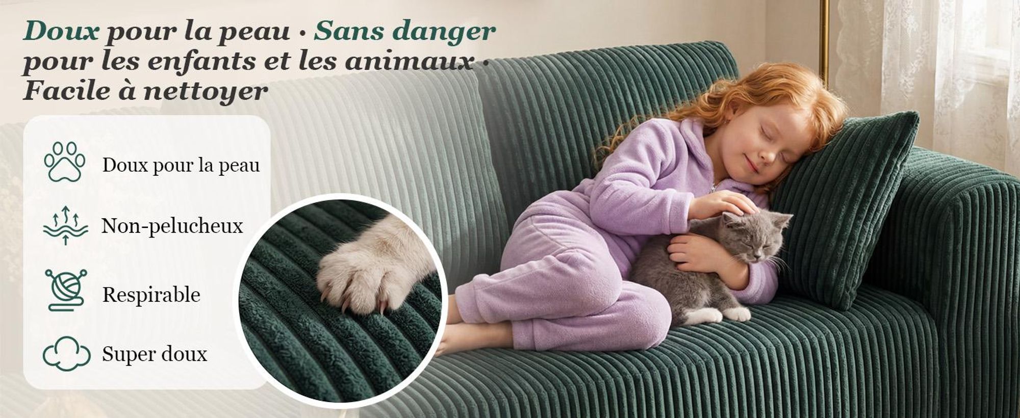 Canapé d'angle COMHOMA avec fonction convertible, 263 cm, en velours, modulaire, sans structure visible, avec chaise longue, canapé d'angle convertible, canapés modulaires avec coussins et poche latérale