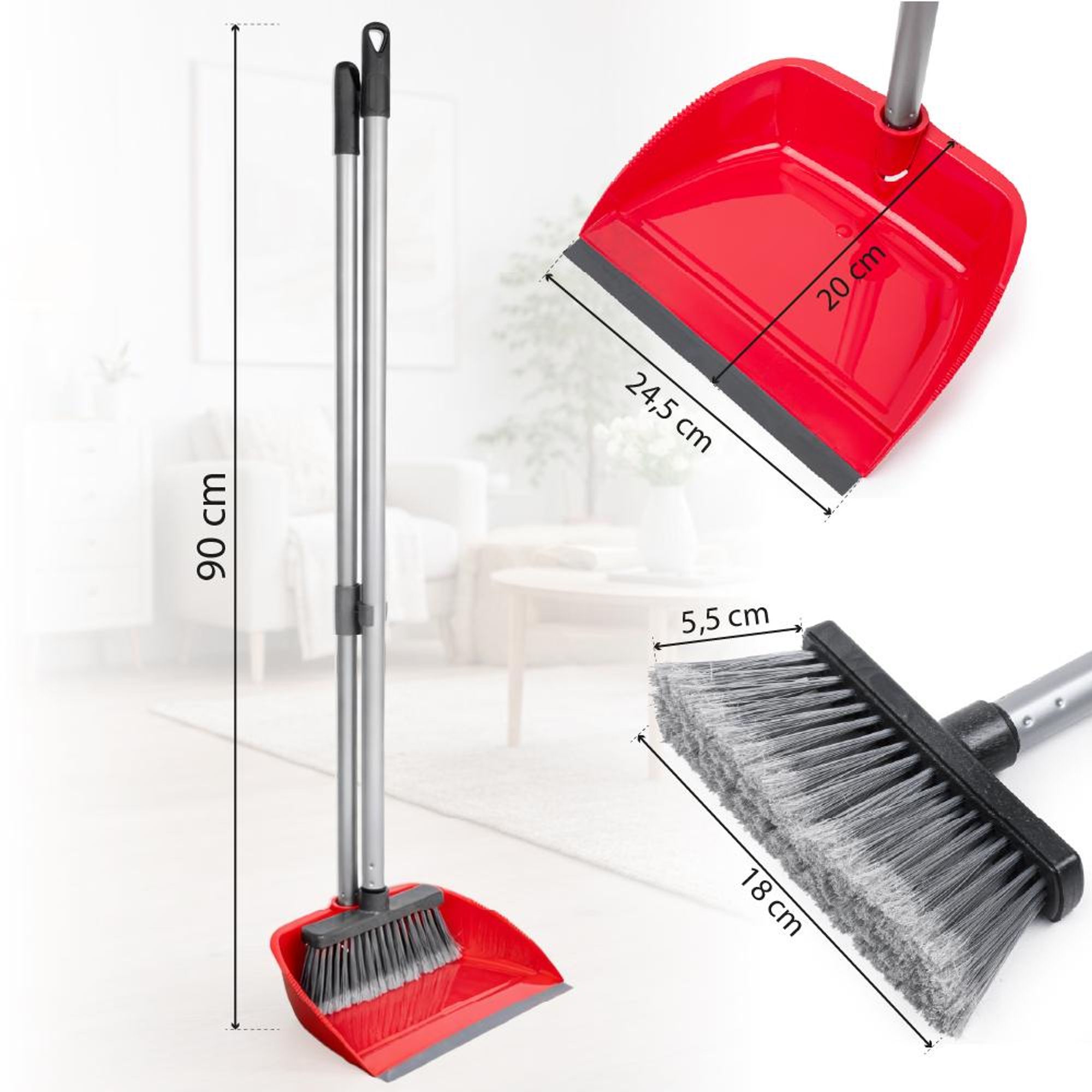 Kehrgarnitur mit Langstiel – 90 cm Besen & Schaufel Set – Rückenschonend, klappbar, Aluminium-Stiel & Gummilippe