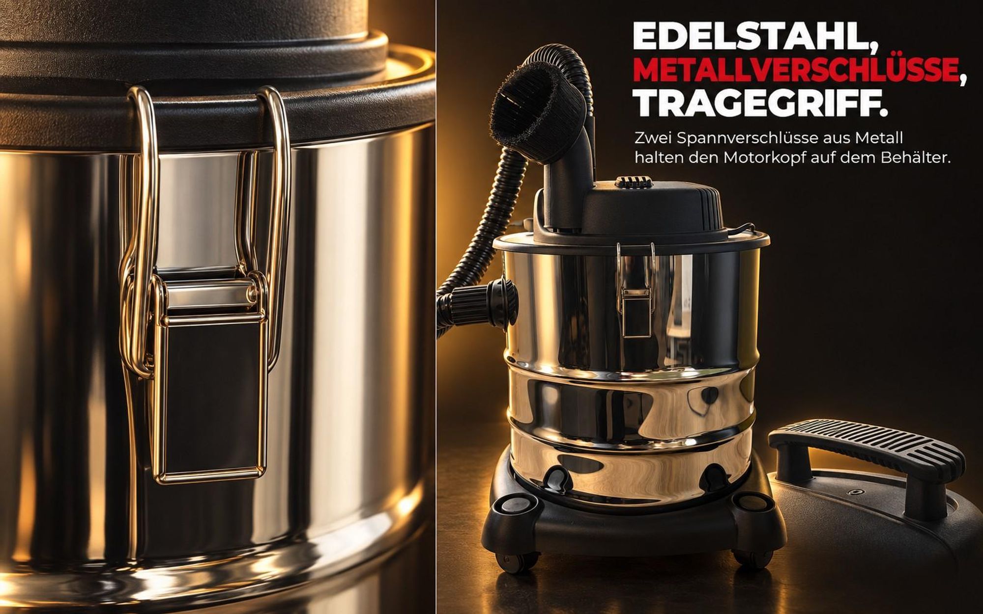 Edelstahl-Aschesauger mit Metall-Spannverschlüssen und Tragegriff