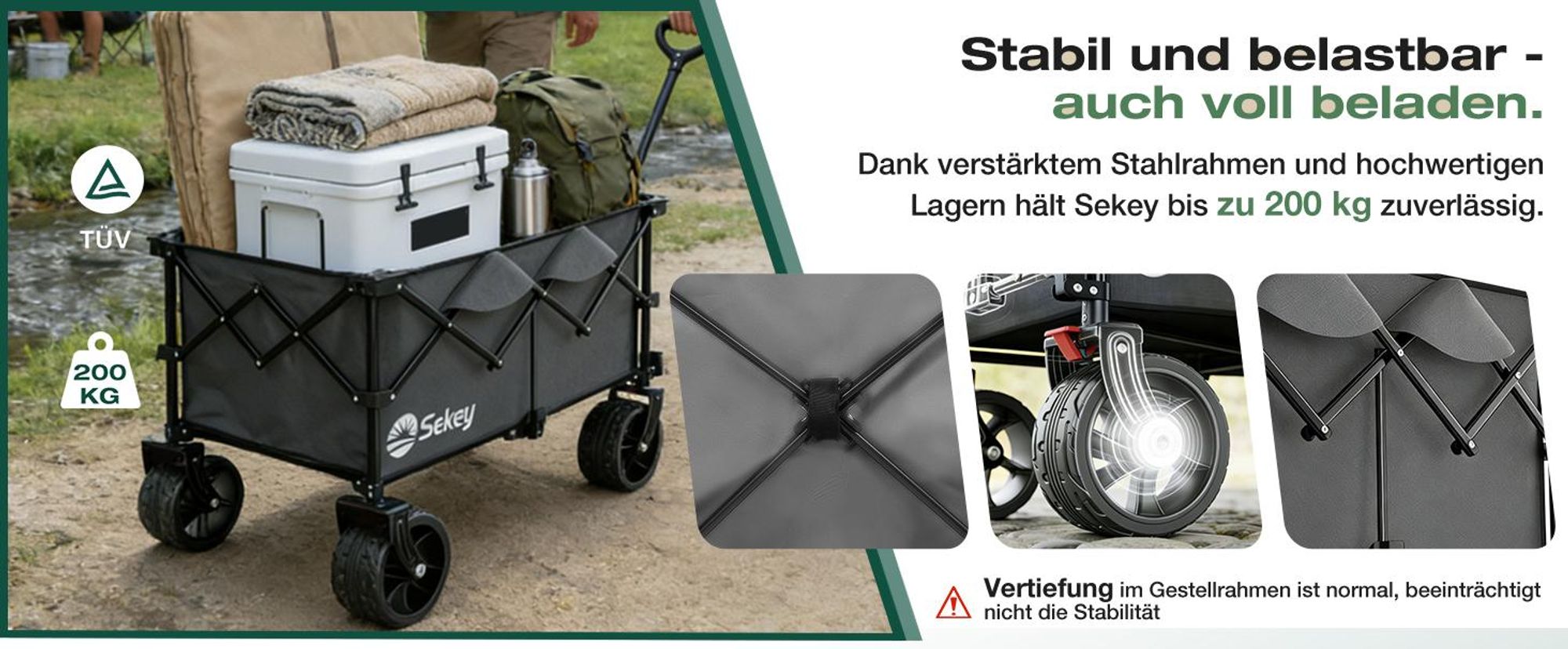 Sekey XXL Plus Bollerwagen Faltbar mit Extra Breite Räder, Faltbollerwagen belastbar 200kg Handwagen Klappbar Transportwagen, Grau
