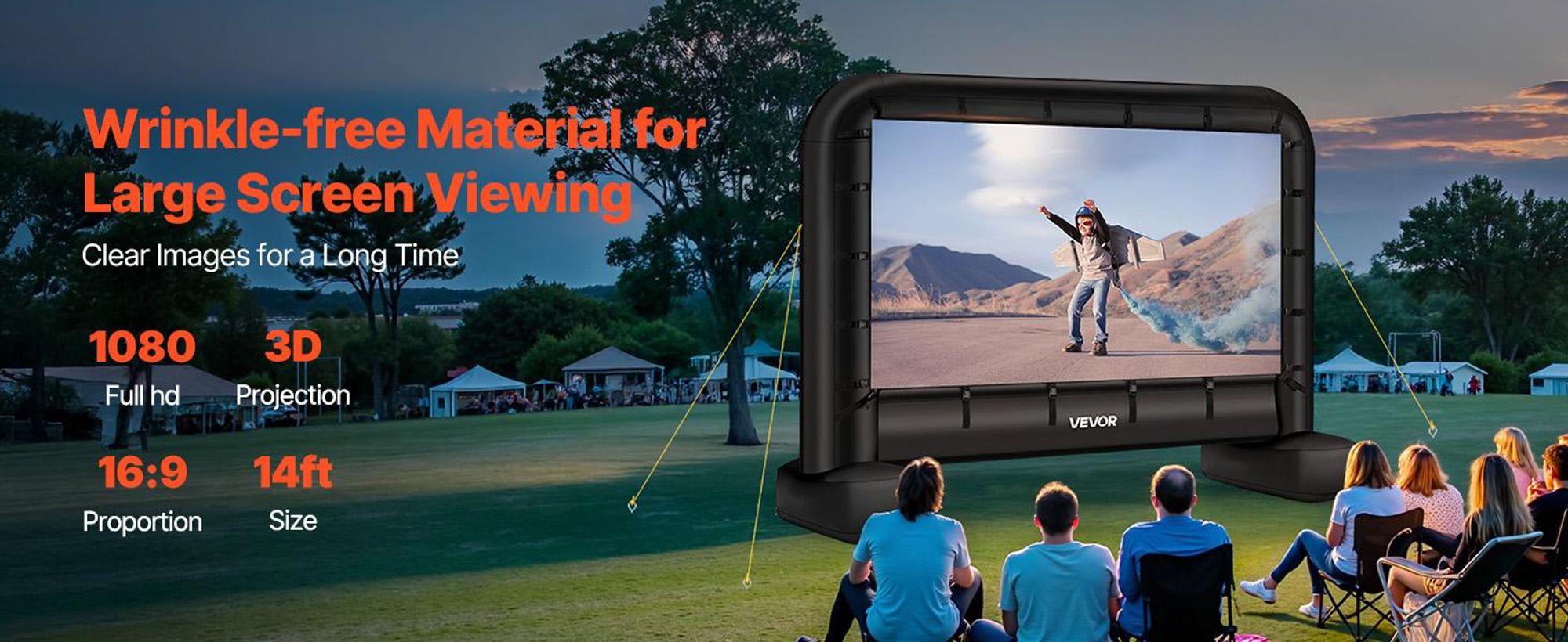 VEVOR aufblasbare Filmleinwand Projektion Beamer Leinwand aus 600D, Projektionsleinwand mit tragbarer Aufbewahrungstasche, 16:9, Filmprojektion für Heimkino Mottoparty Poolspaß (328 x 130 x 251 cm)