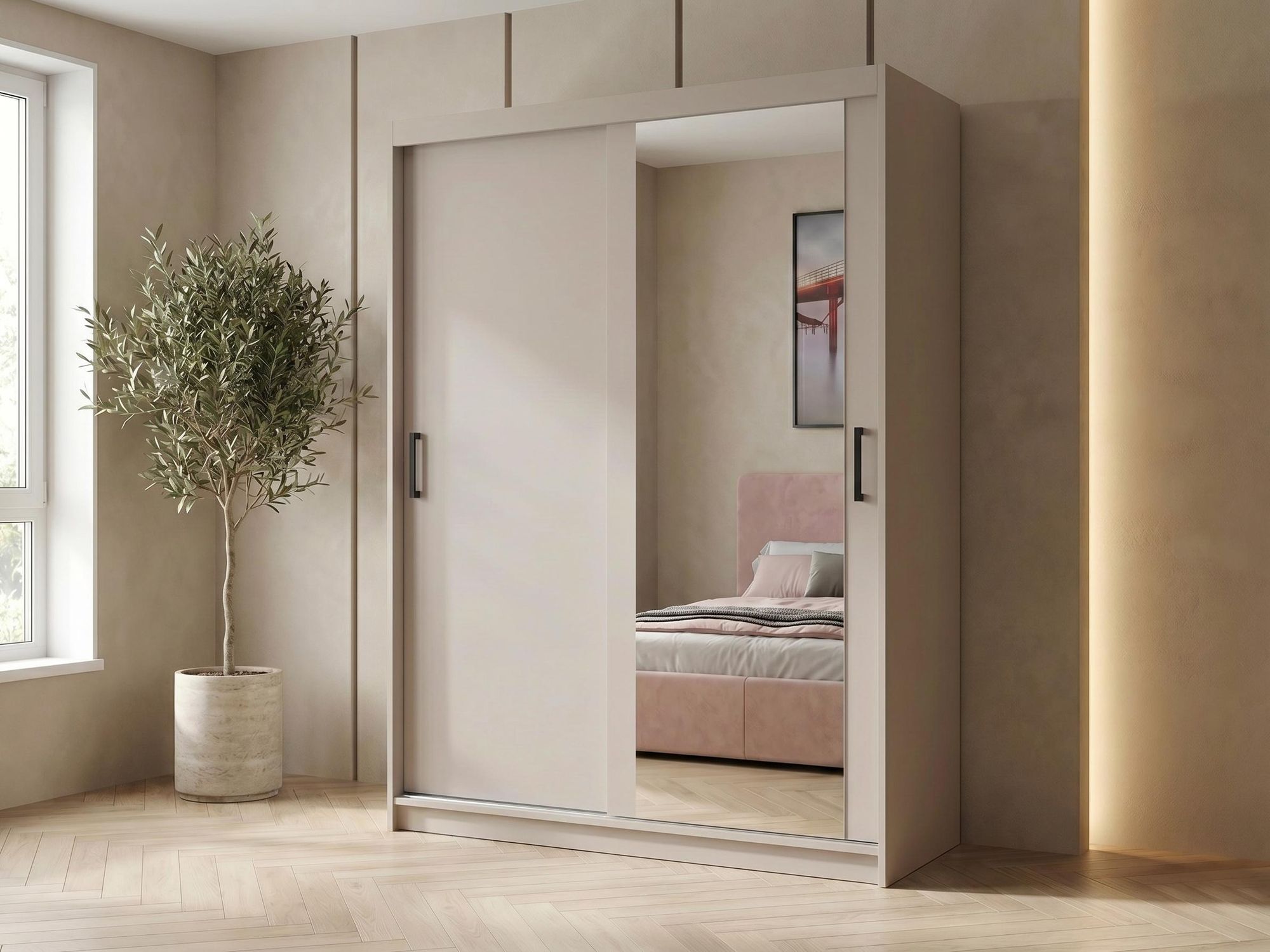 BEAUTYSOFA | Schwebetürenschrank HELA 120 cm Kaschmir – 2-türig Moderner Kleiderschrank mit Spiegel und Schiebetüren