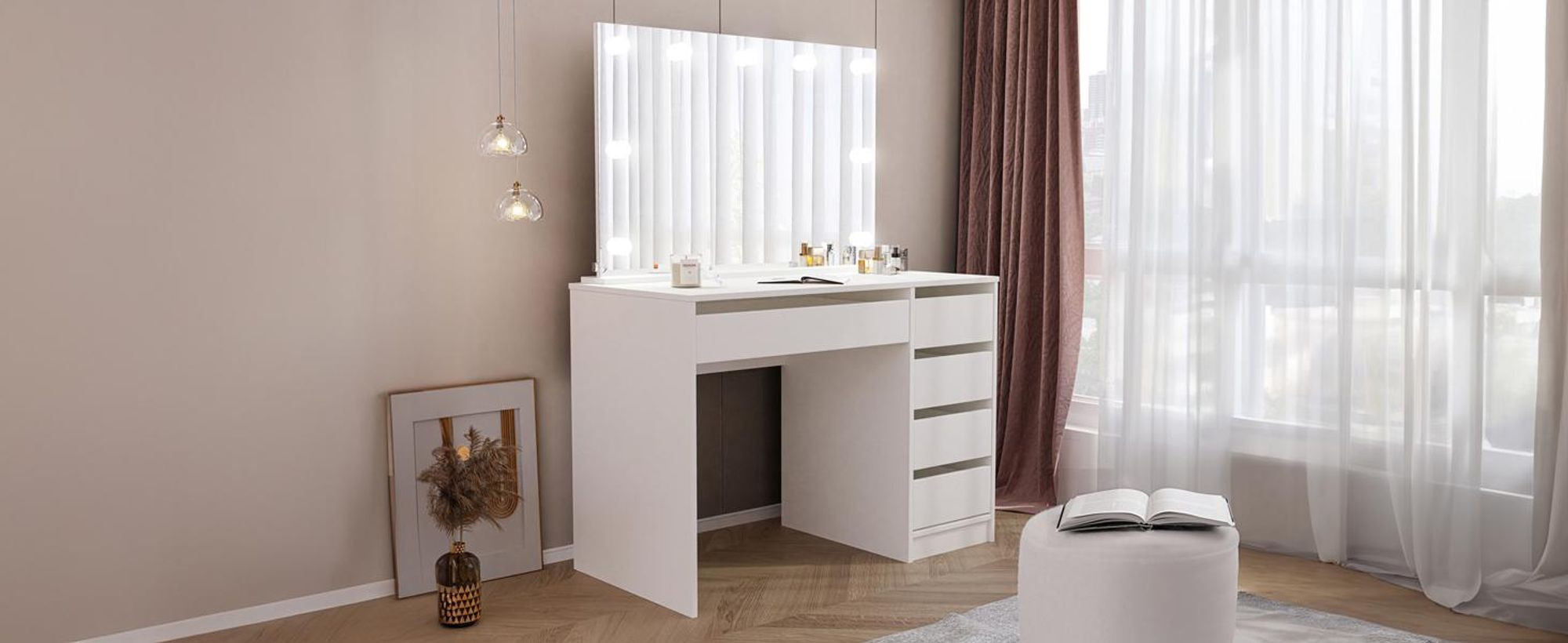 Idohome Schminktisch mit Spiegel, Schminkkommode modern, Frisiertisch mit Schubladen, Kosmetiktisch mit Beleuchtung, Schmuckschrank Weiß matt BELLA