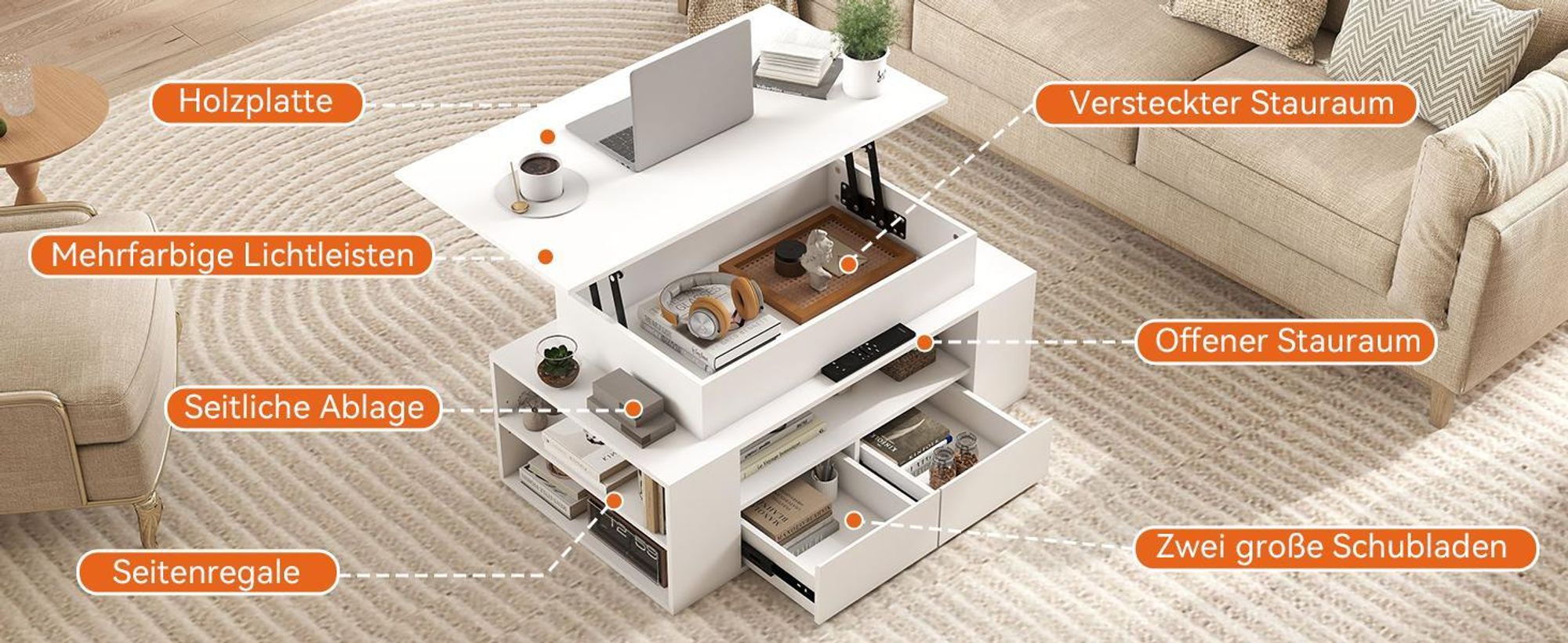 Puluomis Couchtisch mit Schublade, Abhebbarer Tischplatte, RGB Lichtleiste mit App Steuerung Kaffeetisch Schreibtisch Sofatisch für Wohnzimmer weiß