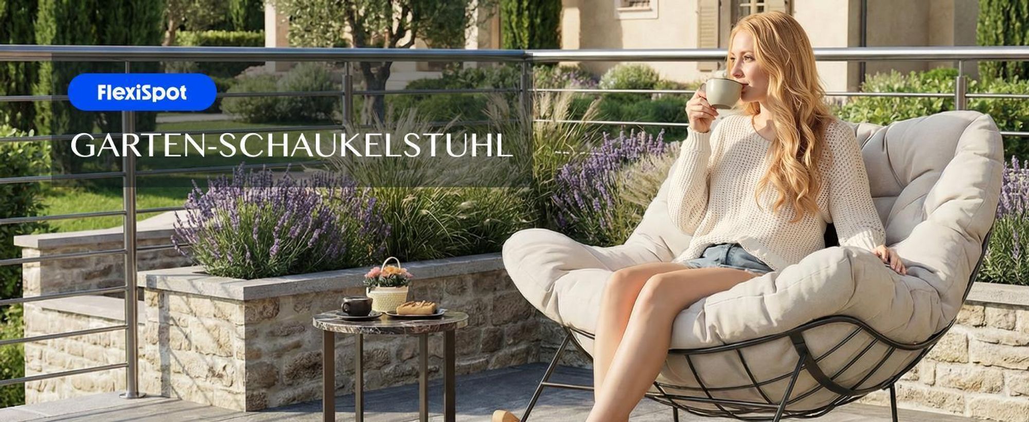 FLEXISPOT 2er Set Gartenstühle Schaukelsessel & Loungesessel mit Kissen, stabilem Metallrahmen, ideal für Balkon, Terrasse, Garten & Wohnzimmer, Beige