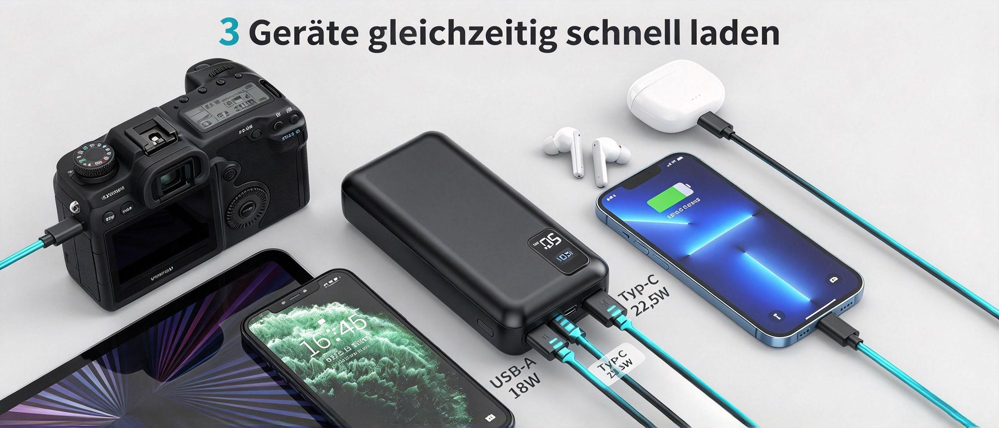 Powerbank, 50000mAh Externer Akku, 22,5W Schnellladegerät, Tragbares Ladegerät, mit LED Display, 3 Ausgängen 2 Eingängen, für iPhone/Samsung