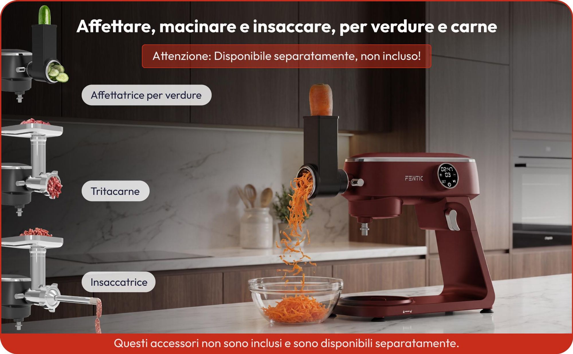 Fentic Impastatrice Planetaria 1800W, Ciotola Inox 7L, Robot da cucina per pane e pizza, 10 velocità con timer & Paraspruzzi