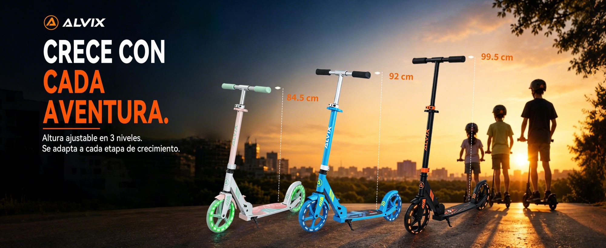 Patinete infantil ALVIX con freno de mano y ruedas LED, ajustable en altura, plegable, apto para niños a partir de 6 años, con ruedas de 200 mm, plataforma ancha, correa para transporte, capacidad máxima de 100 kg - Azul
