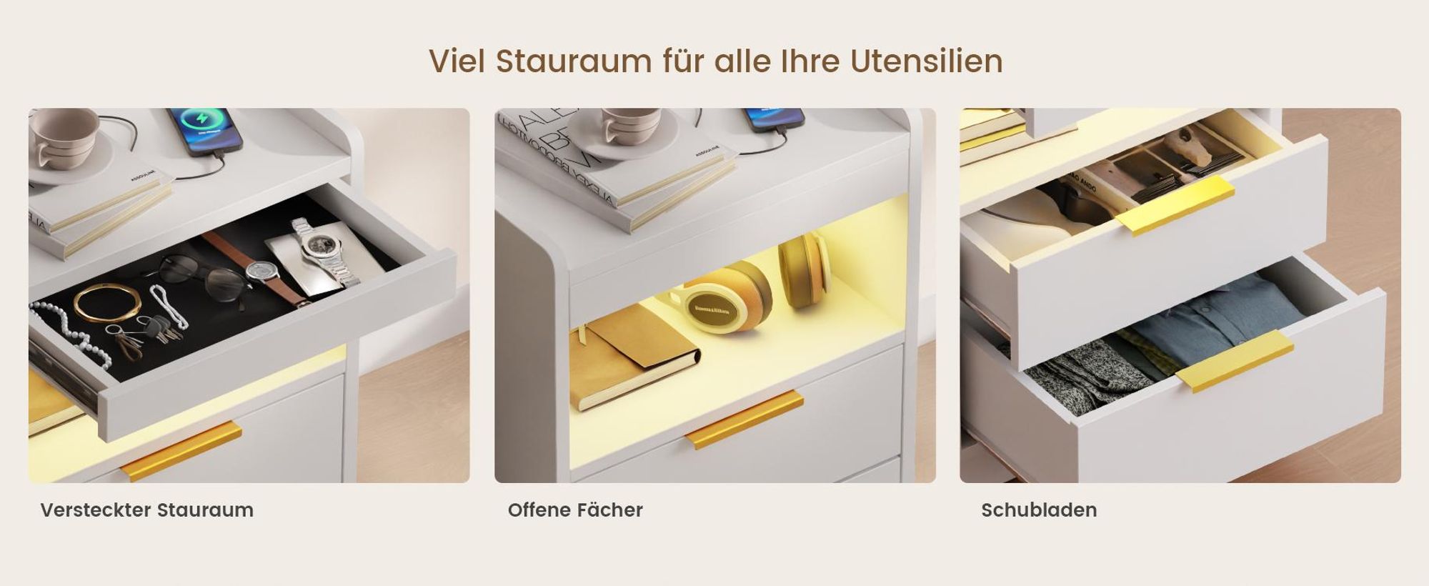 Mondeer Nachttisch mit LED-Beleuchtung & USB-Ladestation, Moderner Beistelltisch mit 2 Steckdosen, Doppel-USB, 3 Schubladen und Staufach Weiß