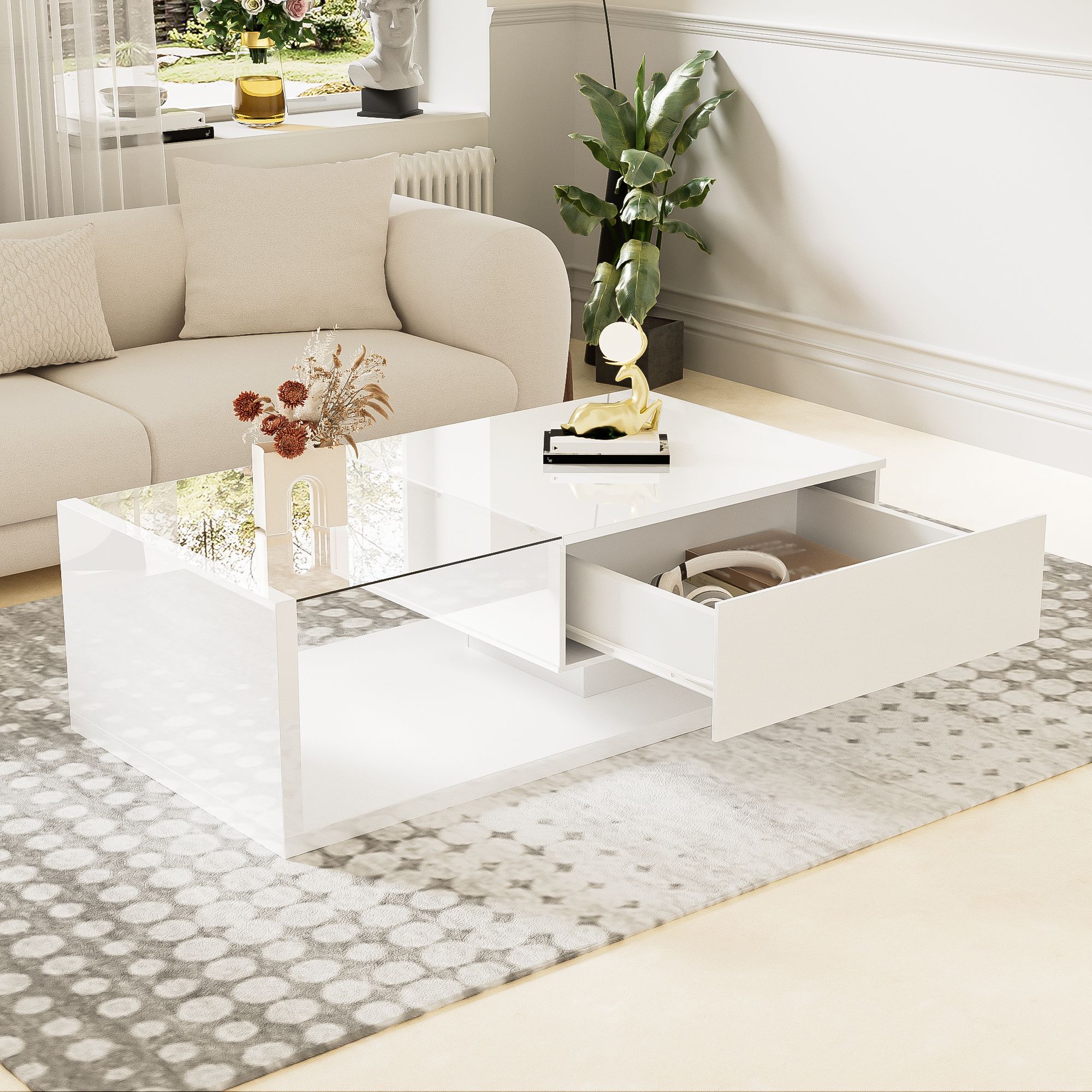 Merax Couchtisch mit Schublade und Glastischplatte, Beistelltisch hochglanz Couchtisch mit LED- Beleuchtung, Wohnzimmertisch Kaffeetisch 105x55x32,5cm